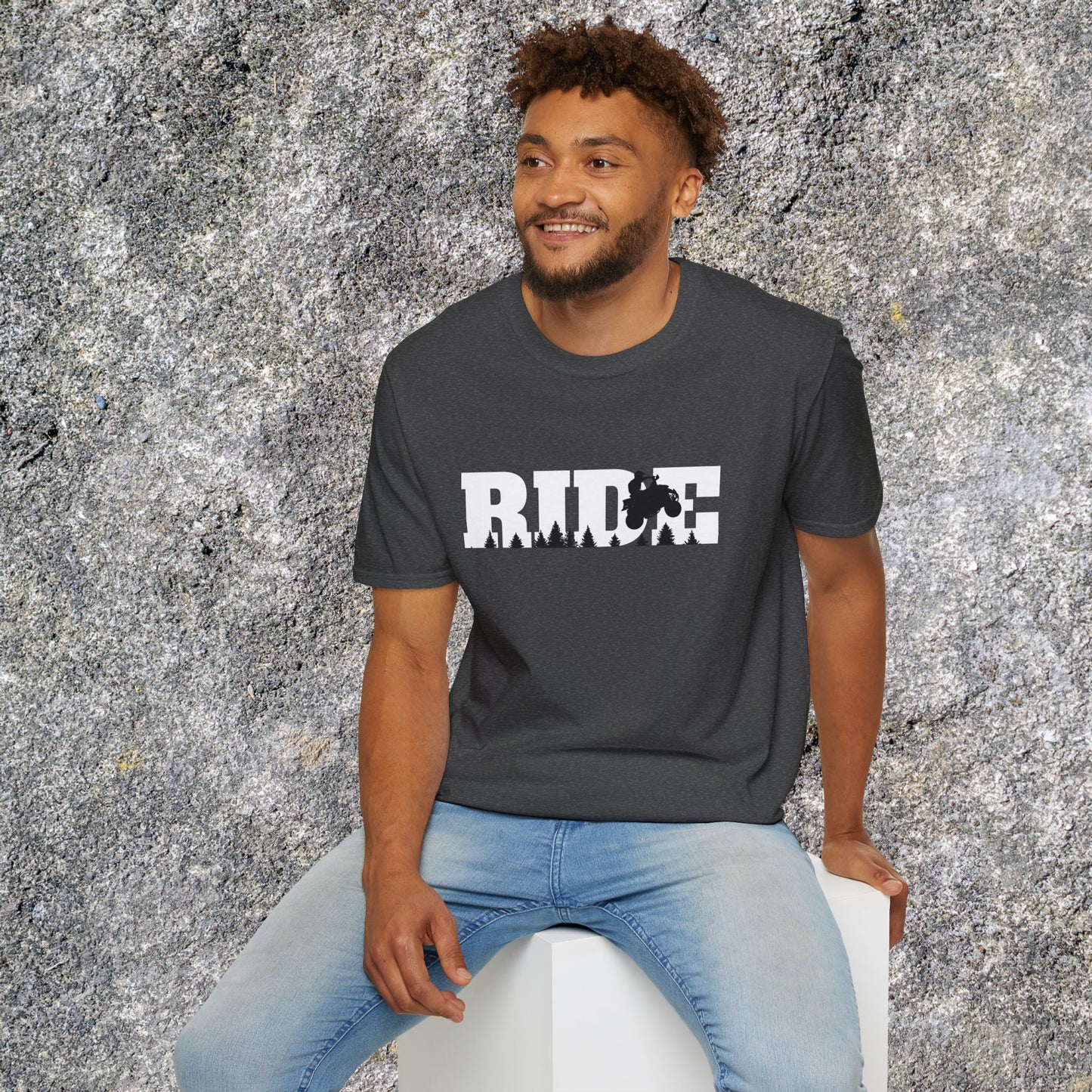 ATV RIDE Big Letters T-Shirt | Man on Honda 400EX Fourwheeler rides through the forest