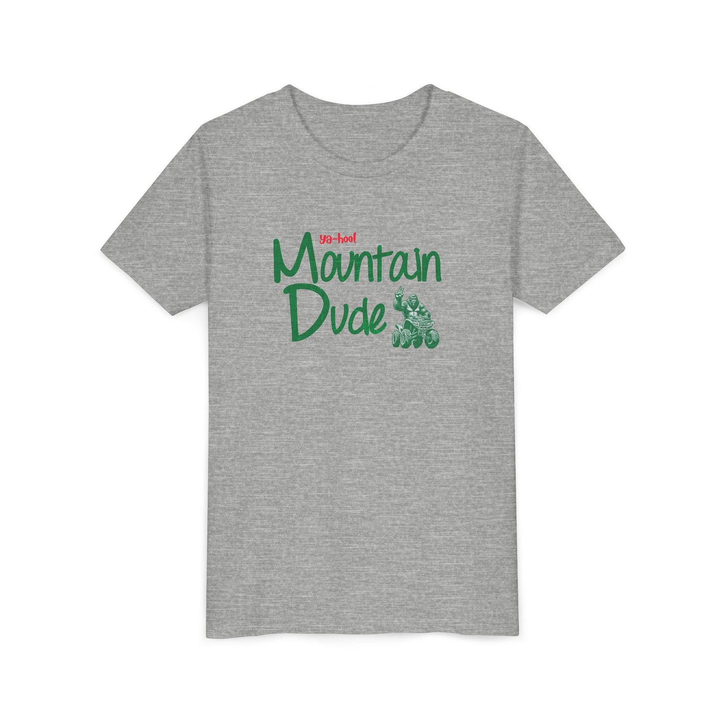 Youth Bigfoot Mountain Dude Tee | Funny Sasquatch/Yeti Short Sleeve Shirt for Kids | Old Mountain Dew Design
