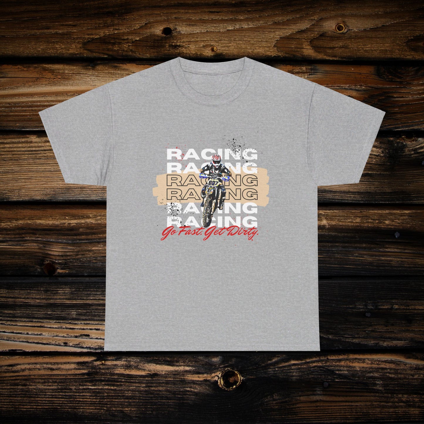 Mens Riding Shirt | Man on KTM 300 Dirt bike | Words: RACING and Go Fast Get Dirty | HEAVY Cotton Adult Unisex t shirt | Dad Dirt bike shirt