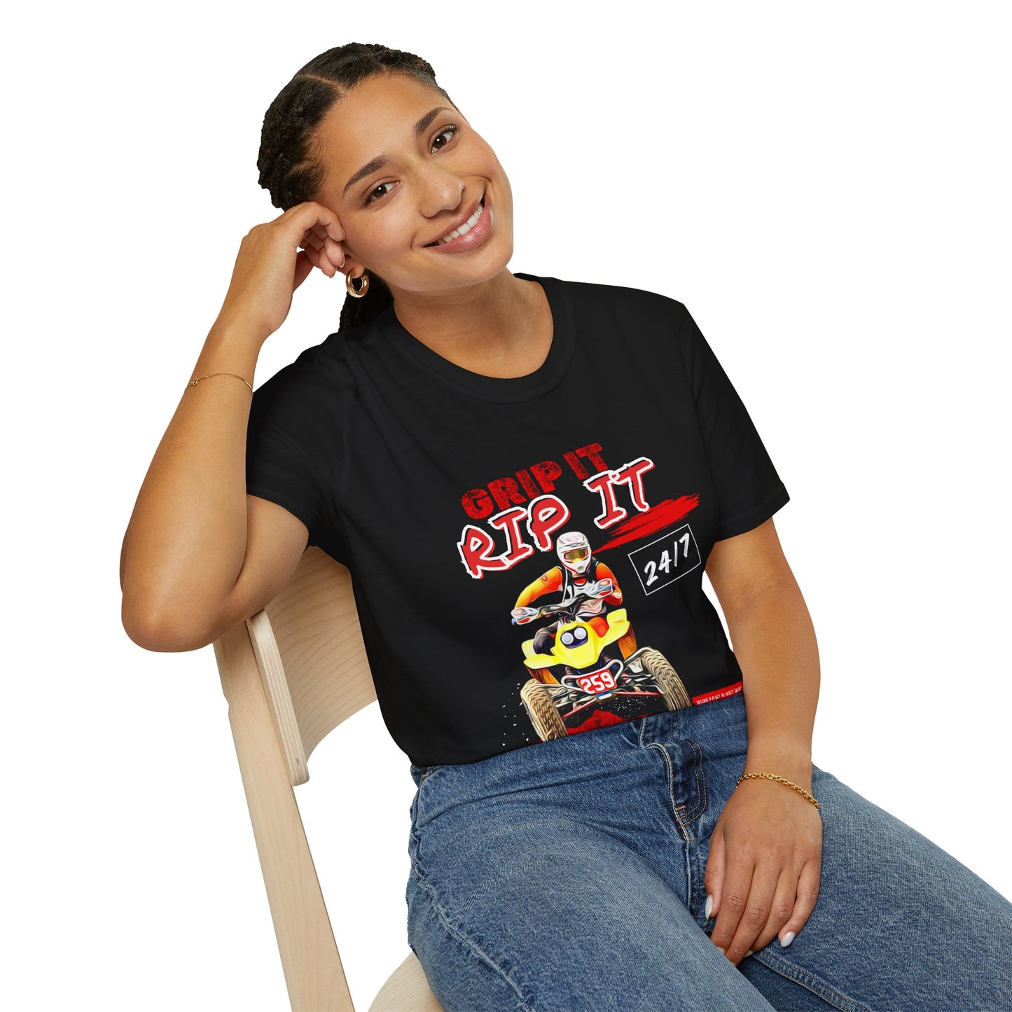 ATV Quad Racer T-Shirt | "Grip It Rip It" Off‑Road Fourwheeler Graphic Tee | Yellow Honda 400 EX