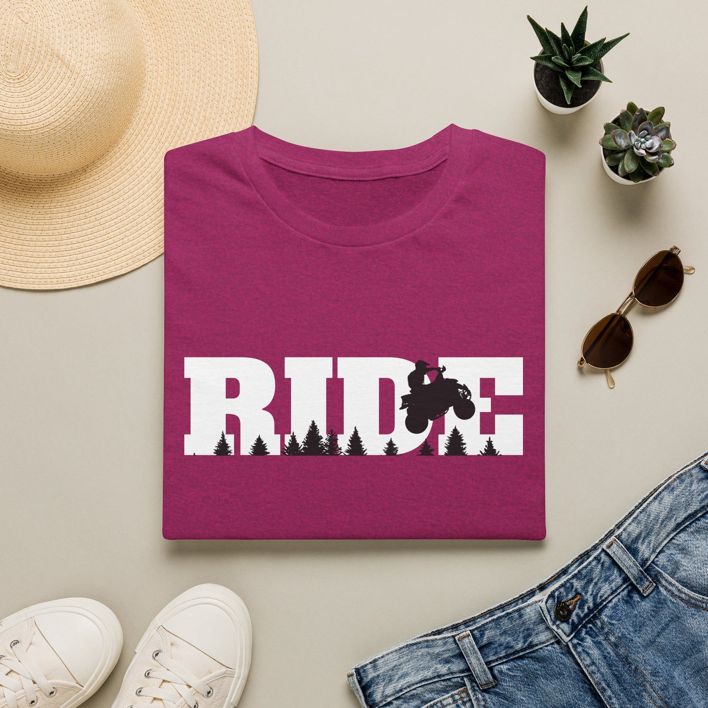ATV RIDE Big Letters T-Shirt | Man on Honda 400EX Fourwheeler rides through the forest