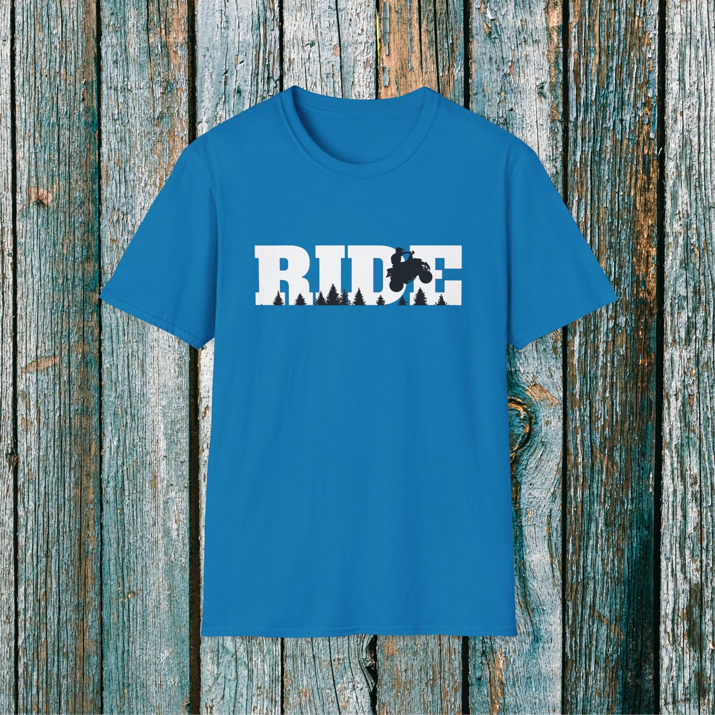 ATV RIDE Big Letters T-Shirt | Man on Honda 400EX Fourwheeler rides through the forest