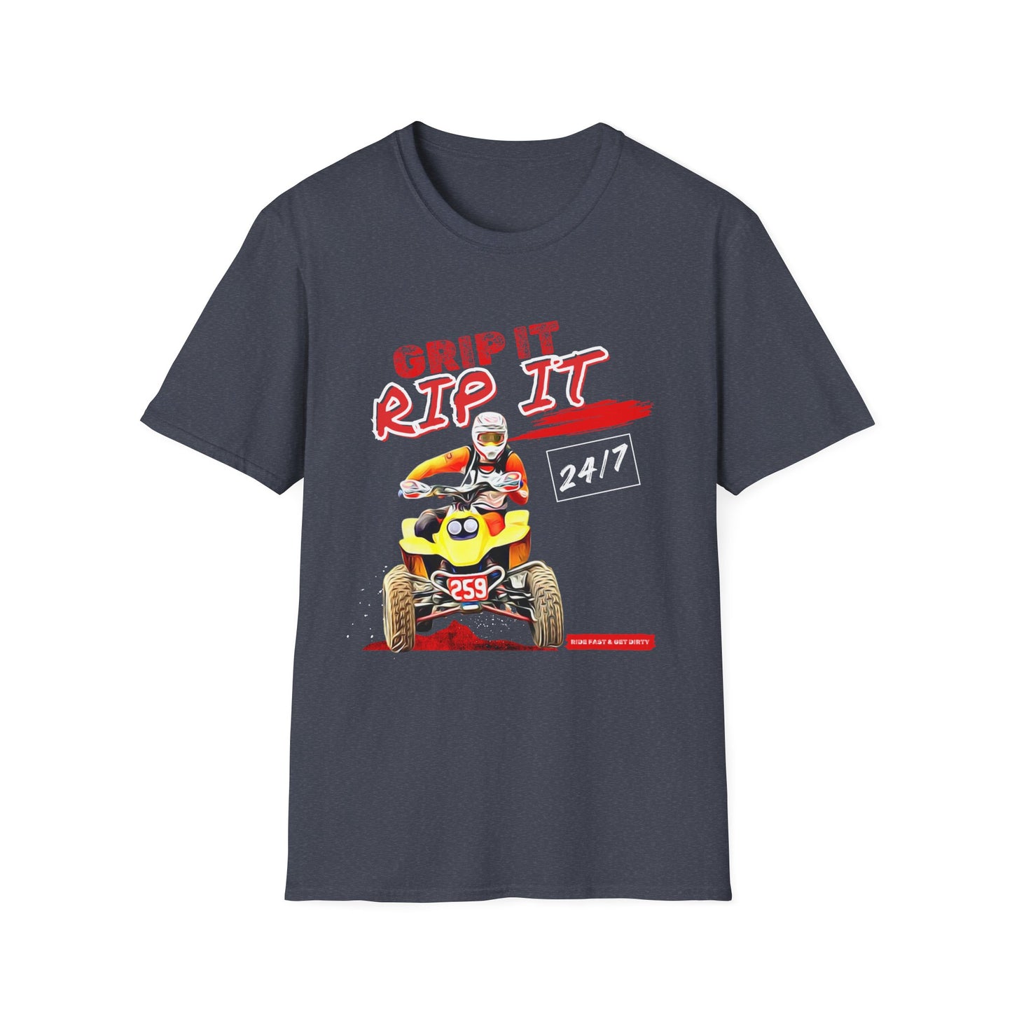 ATV Quad Racer T-Shirt | "Grip It Rip It" Off‑Road Fourwheeler Graphic Tee | Yellow Honda 400 EX