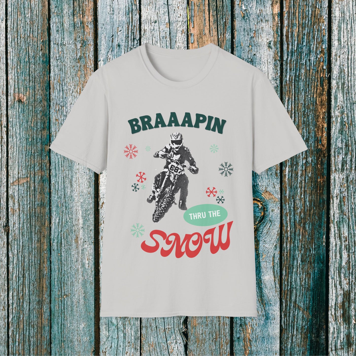 Holiday Motocross Racing SOFT Cotton Adult Unisex tee shirt | Dirt Racing shirt for men | Braaapin Through the Snow |  Dirt bike Ugly Sweater