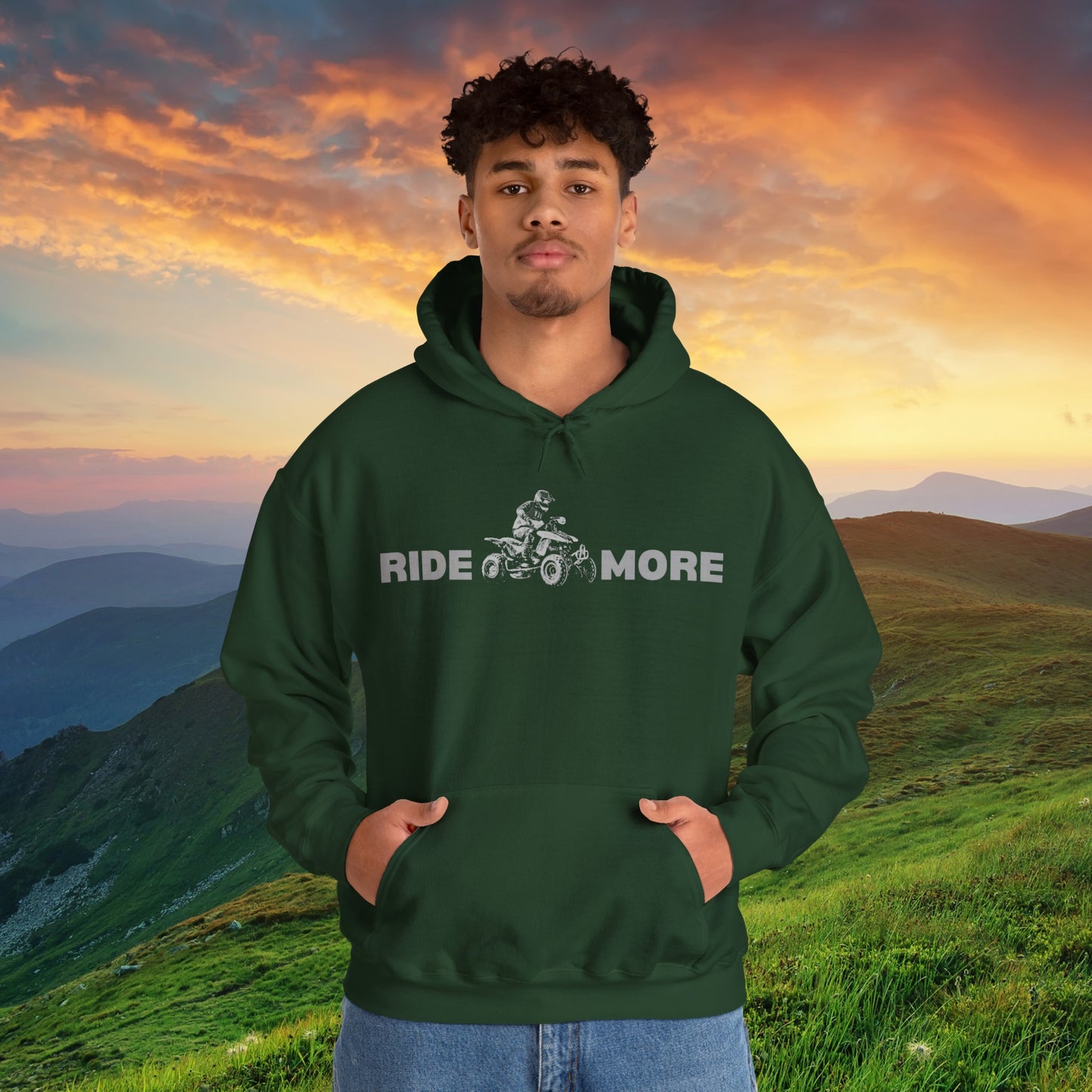 Mens Riding Hoodie | Man on Honda 450 ER atv | Ride More four wheeler sweatshirt | Unisex Heavy Blend™ Hooded Sweatshirt | ATV Hoodie for Men | Four wheeler hoodie for Boys