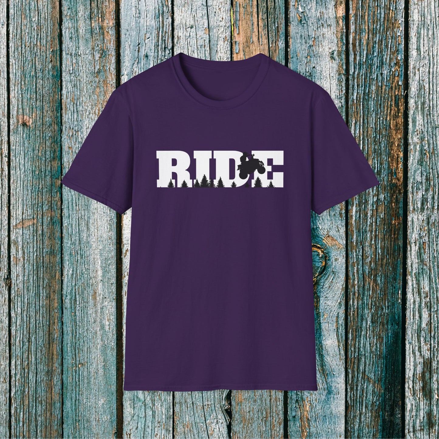 ATV RIDE Big Letters T-Shirt | Man on Honda 400EX Fourwheeler rides through the forest