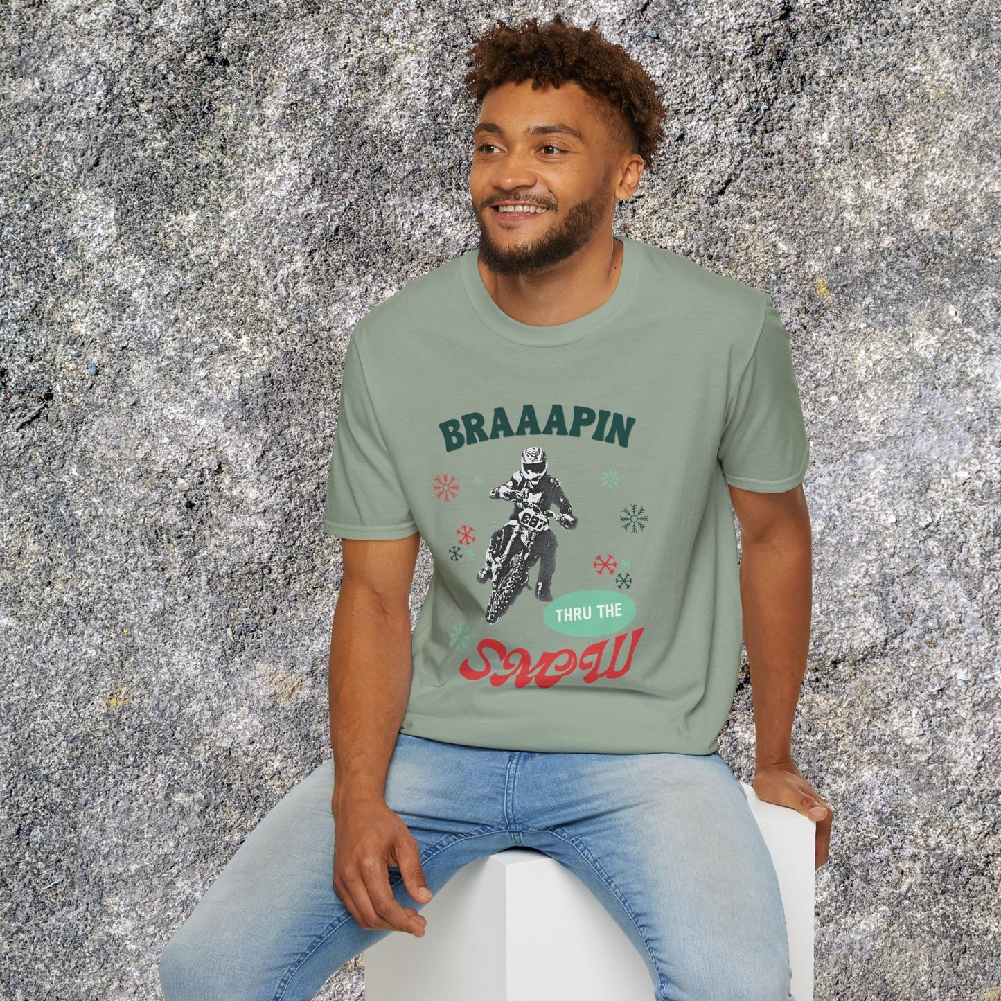 Holiday Motocross Racing Softstyle T-Shirt | Braaapin Through the Snow | Dirt Bike Ugly Sweater