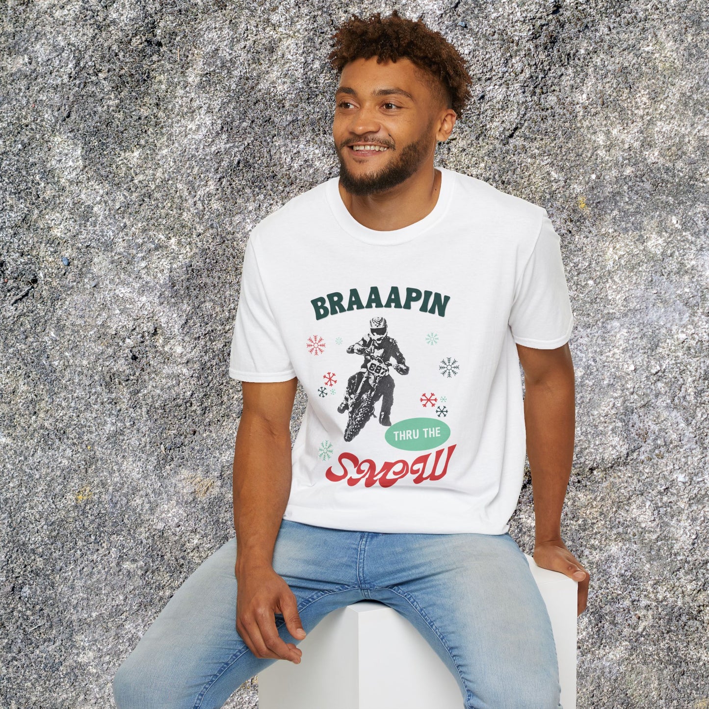 Holiday Motocross Racing Softstyle T-Shirt | Braaapin Through the Snow | Dirt Bike Ugly Sweater