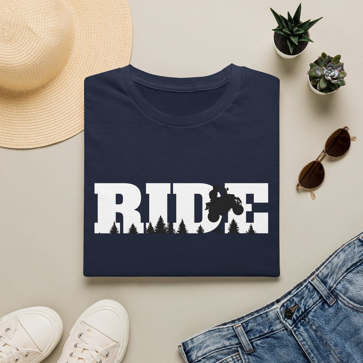 ATV RIDE Big Letters T-Shirt | Man on Honda 400EX Fourwheeler rides through the forest