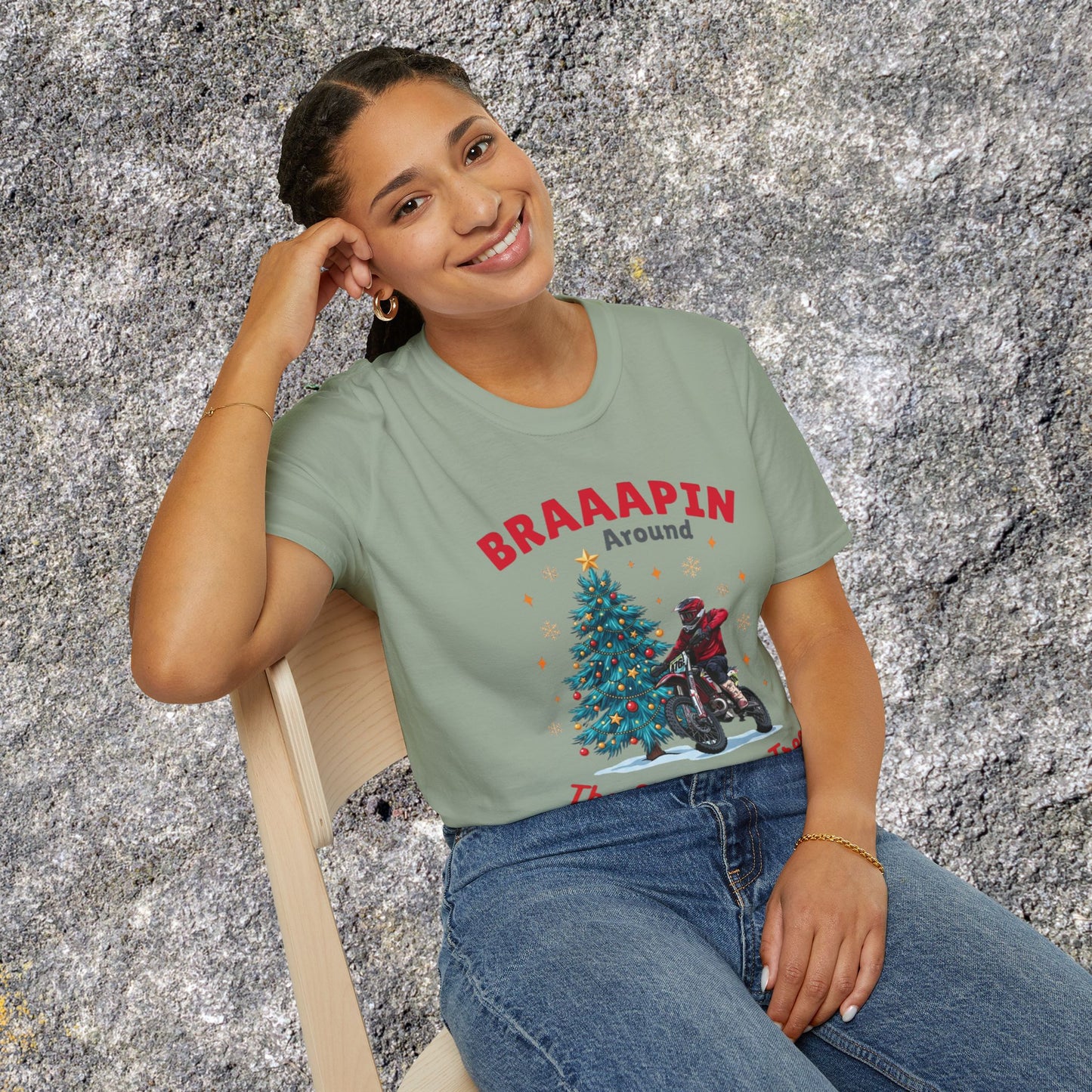Holiday Bike Softstyle T-Shirt | Braaapin Around The Christmas Tree | Dirt Bike Ugly Sweater