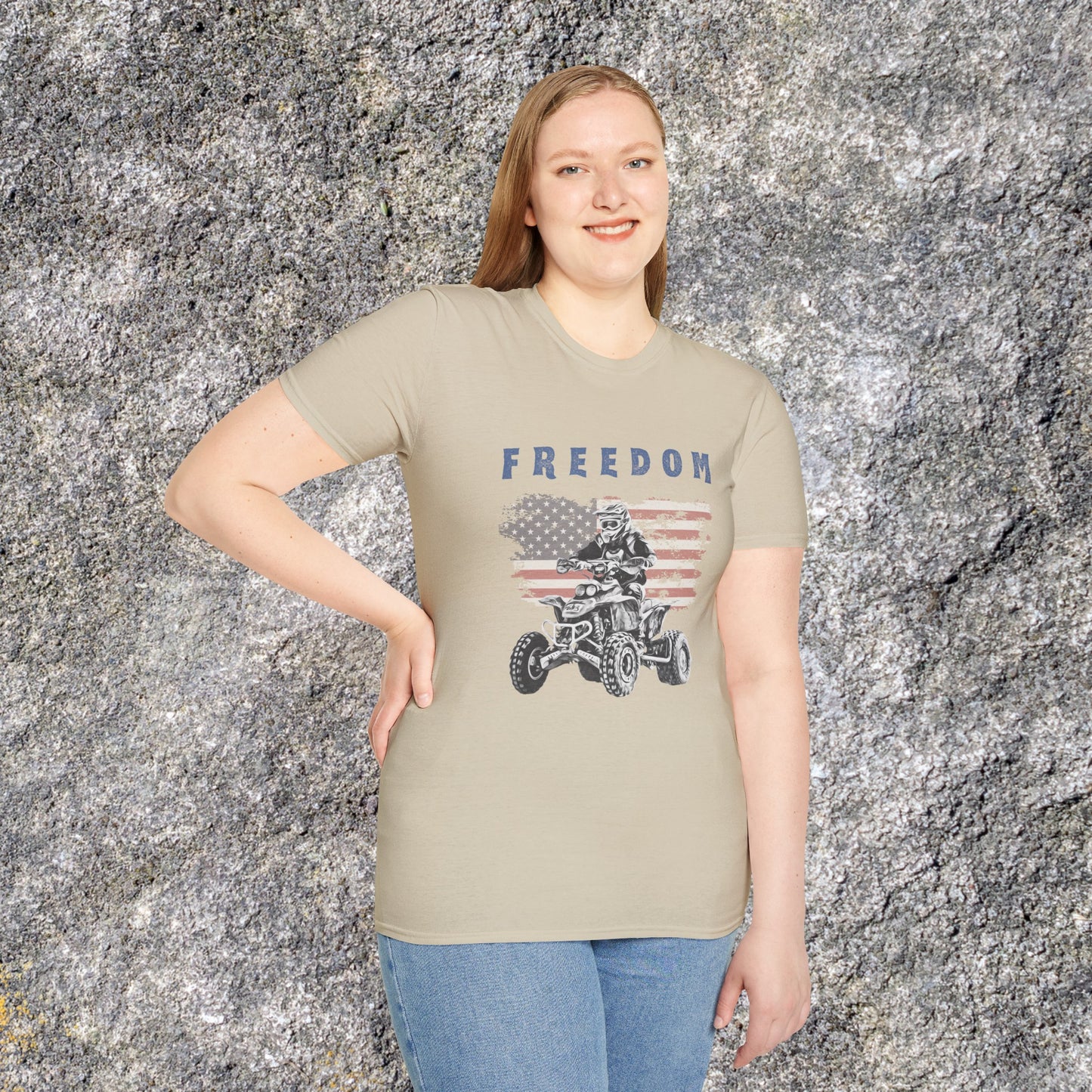 Mens ATV Shirt | Freedom Rider | American flag with man on Honda 400 EX ATV | Patriotic four wheeler riding shirt | SOFT Cotton Adult Unisex tee shirt | Four wheeler shirt for Boys