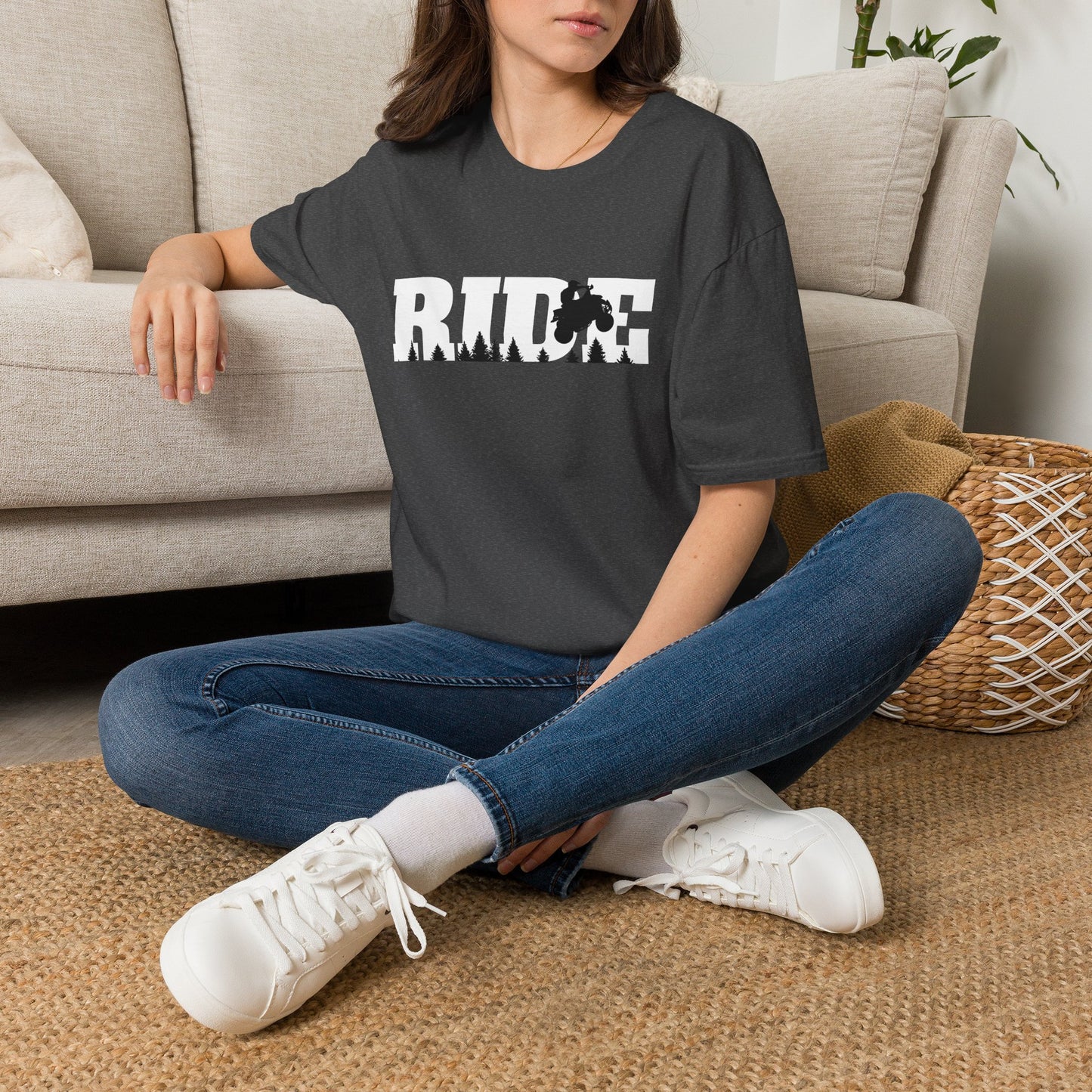 ATV RIDE Big Letters T-Shirt | Man on Honda 400EX Fourwheeler rides through the forest