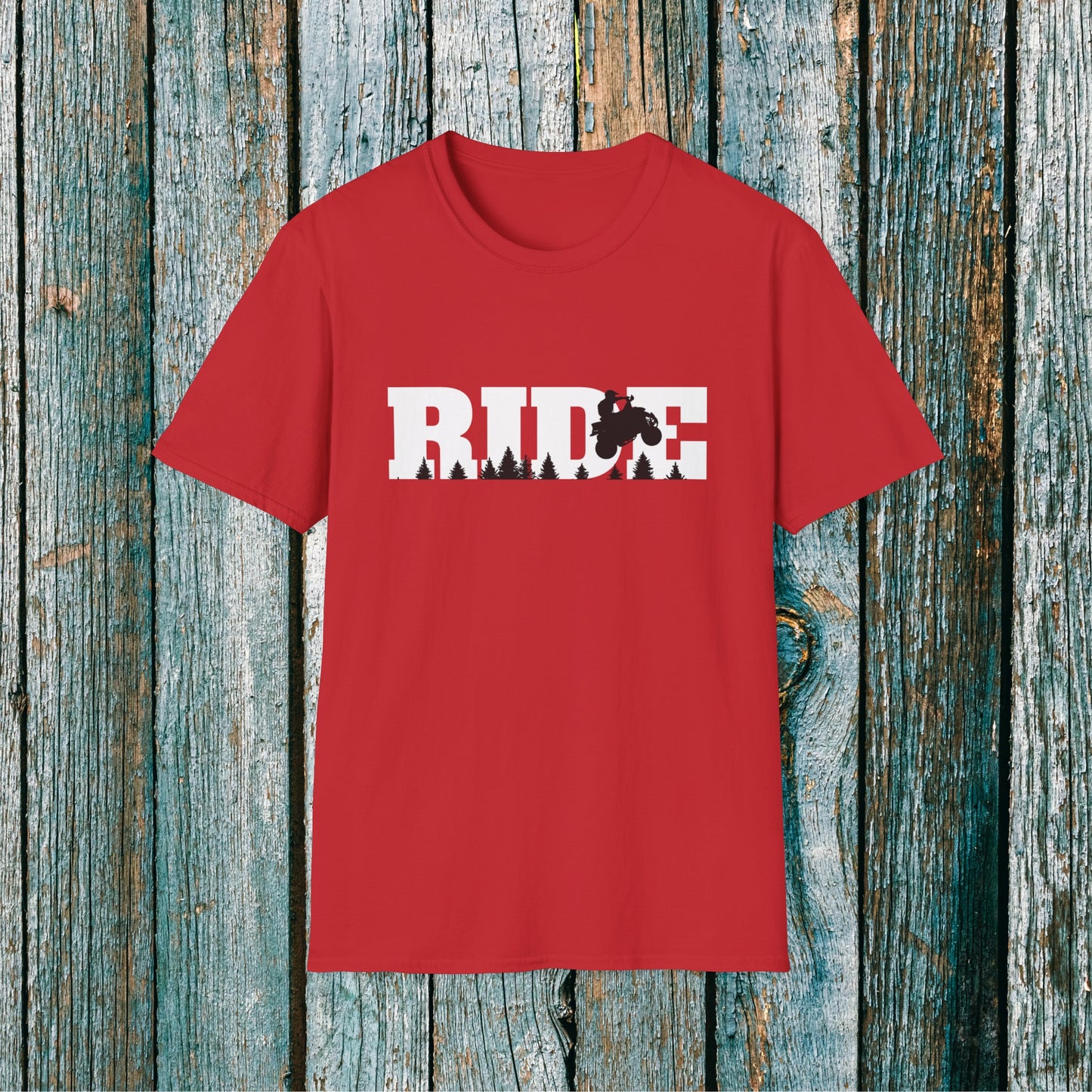 Mens Riding Shirt | RIDE big letters with black trees and ATV | Man on Honda 400 ex Fourwheeler | Soft Cotton Adult Unisex tee shirt