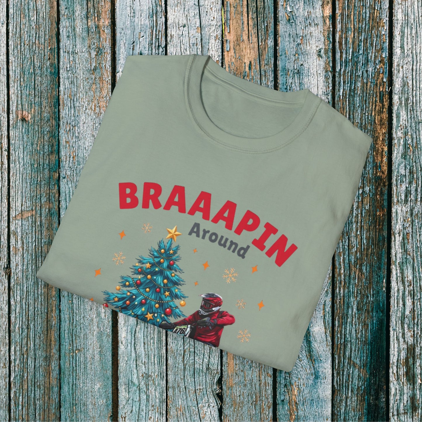 Holiday Bike Softstyle T-Shirt | Braaapin Around The Christmas Tree | Dirt Bike Ugly Sweater