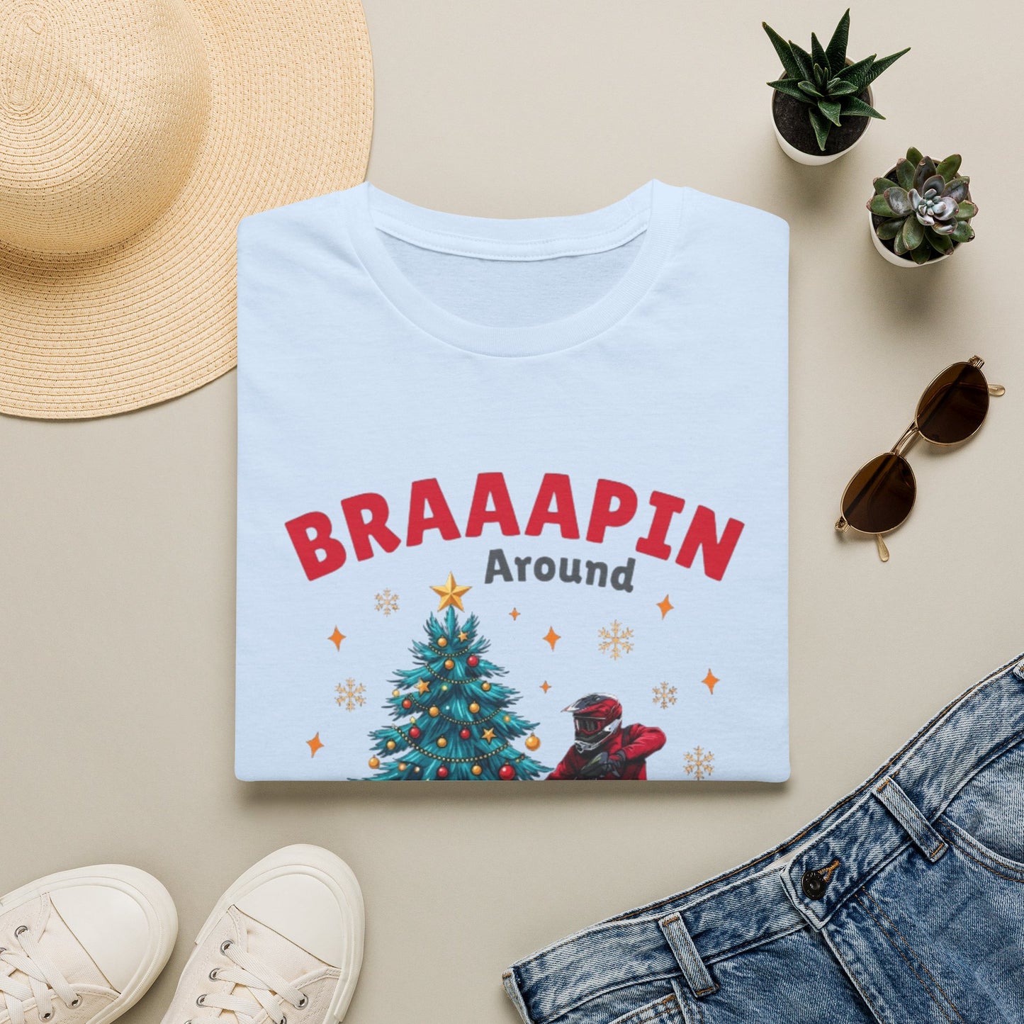 Holiday Bike Softstyle T-Shirt | Braaapin Around The Christmas Tree | Dirt Bike Ugly Sweater