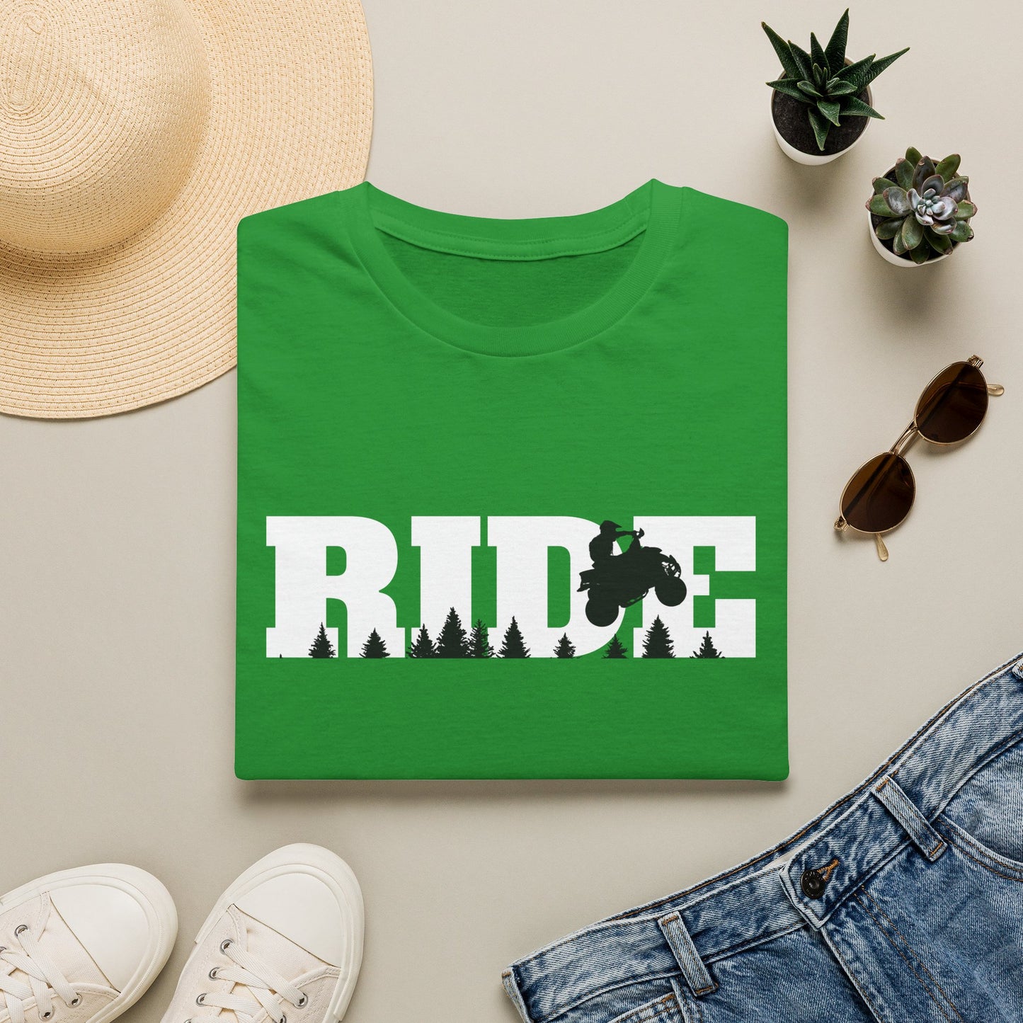 ATV RIDE Big Letters T-Shirt | Man on Honda 400EX Fourwheeler rides through the forest