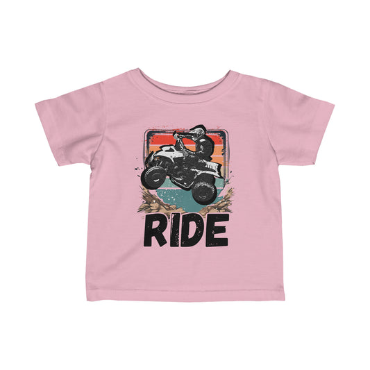 Infant Riding Shirt | Retro Four Wheeler with RIDE letters | Small Child Rabbit Skins Soft Cotton Tee | ATV shirt for toddlers | Four wheeler shirt for kids