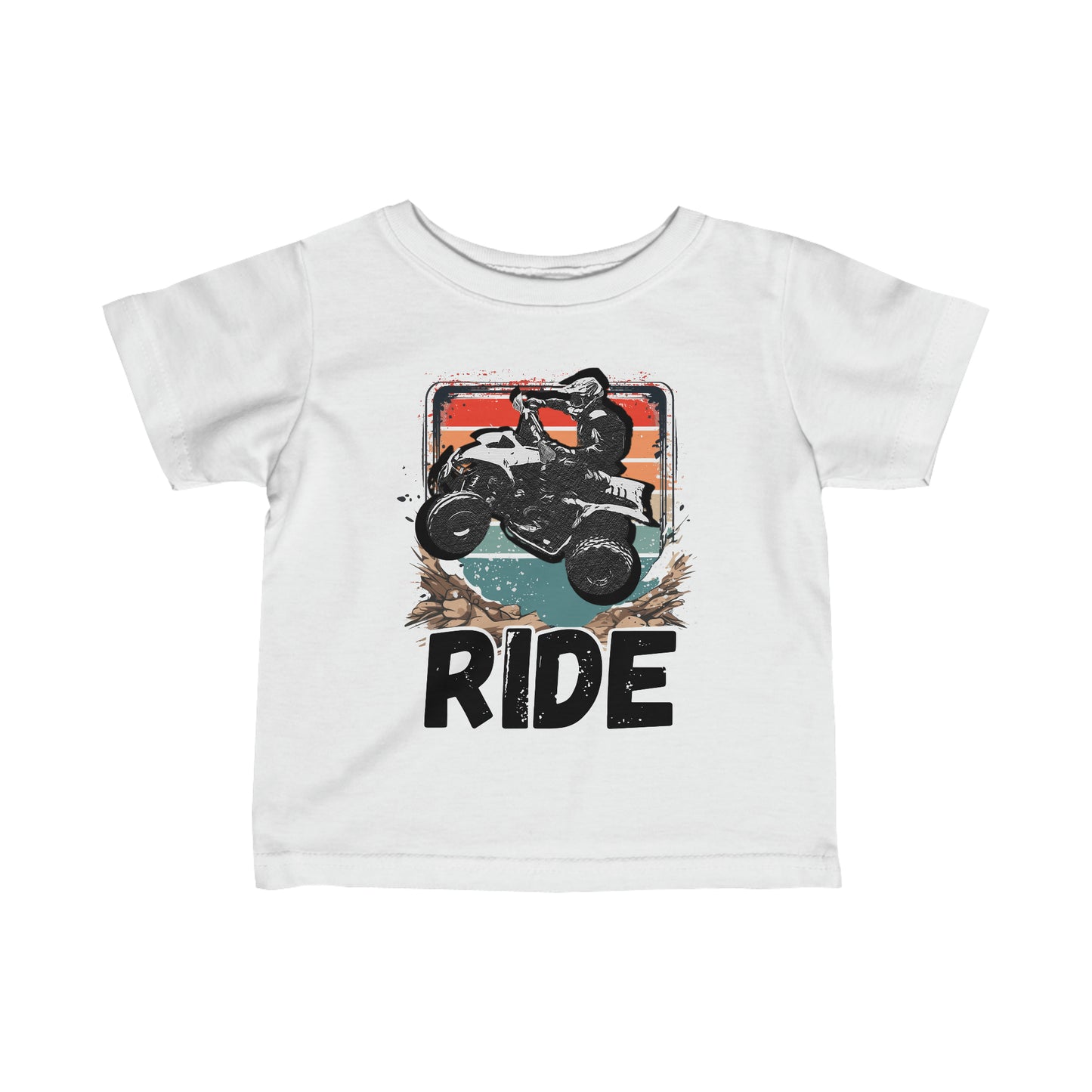 Infant Riding Shirt | Retro Four Wheeler with RIDE letters | Small Child Rabbit Skins Soft Cotton Tee | ATV shirt for toddlers | Four wheeler shirt for kids