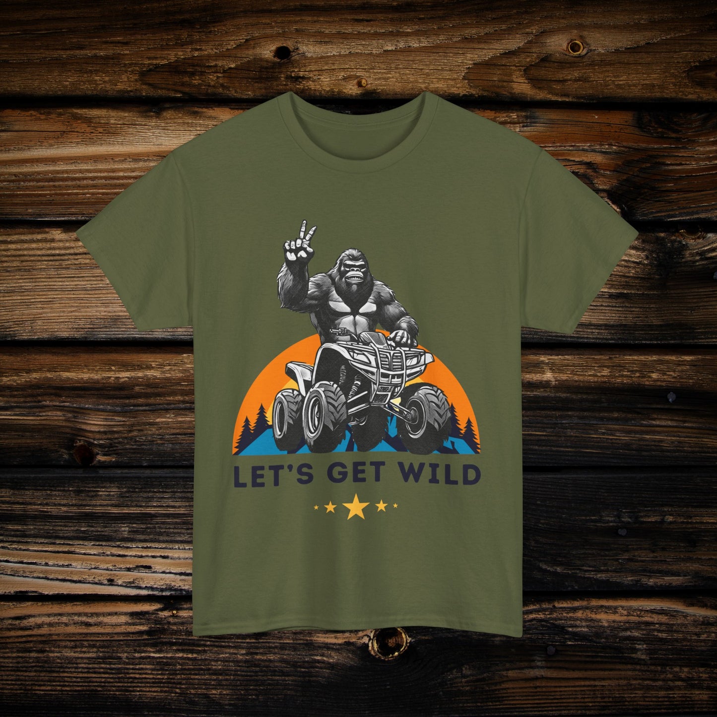 Mens BigFoot Shirt | BigFoot Riding a FourWheeler Shirt | Let's Get Wild BigFoot Shirt | HEAVY Cotton Adult Unisex t shirt | ATV shirt for men | Fourwheeler shirts for boys