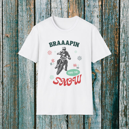 Holiday Motocross Racing Softstyle T-Shirt | Braaapin Through the Snow | Dirt Bike Ugly Sweater