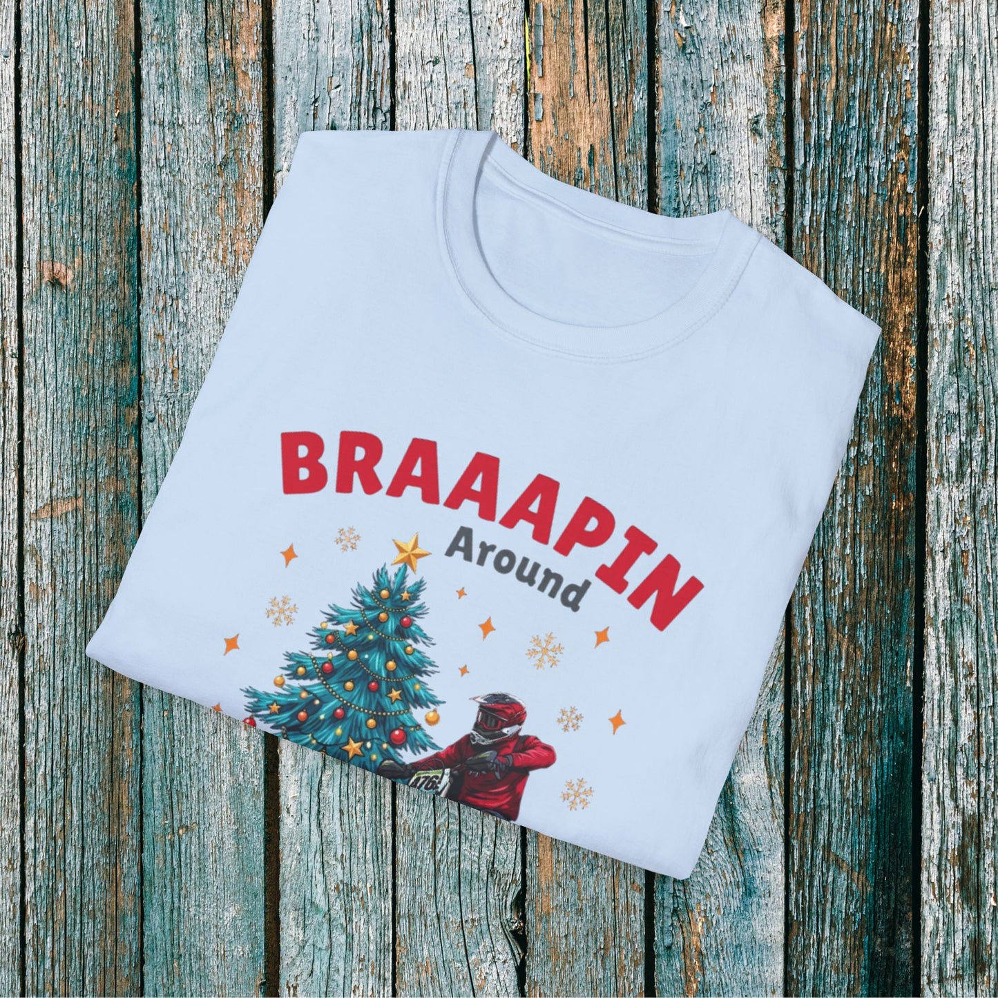 Holiday Bike Softstyle T-Shirt | Braaapin Around The Christmas Tree | Dirt Bike Ugly Sweater