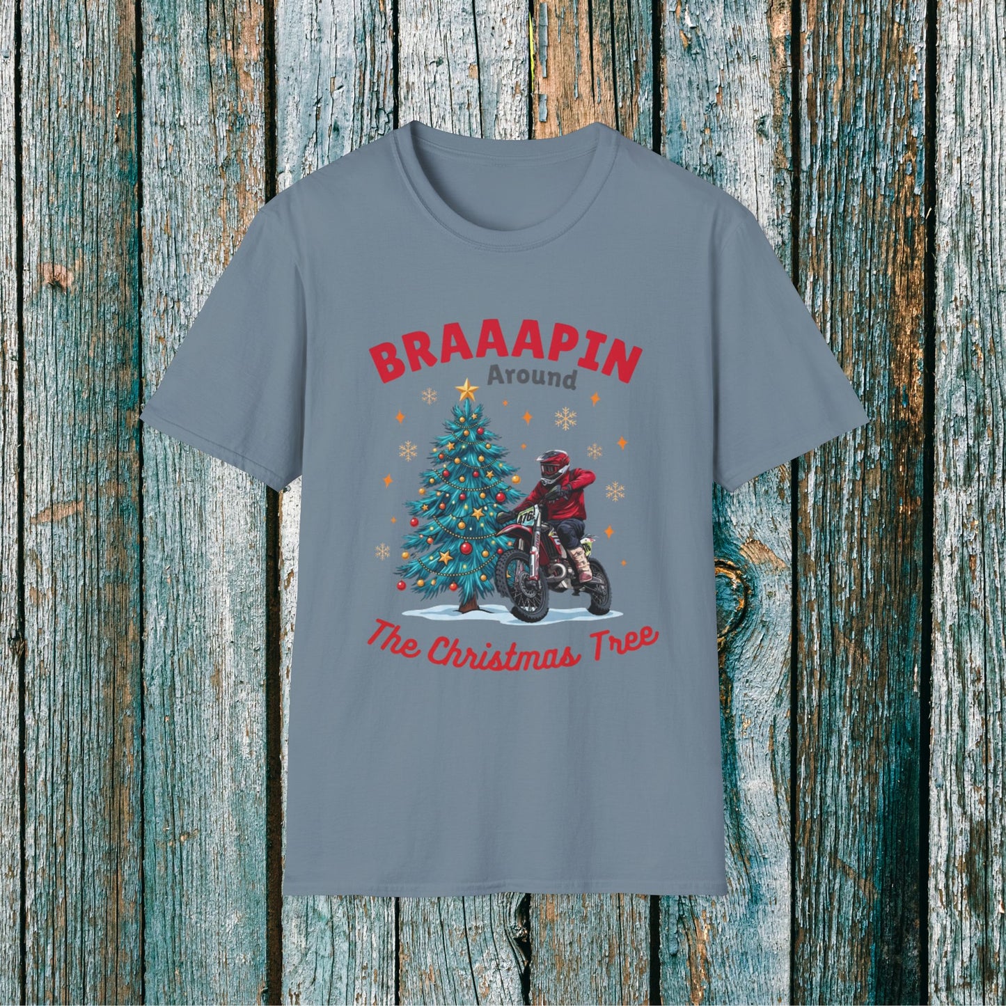 Holiday Bike Softstyle T-Shirt | Braaapin Around The Christmas Tree | Dirt Bike Ugly Sweater