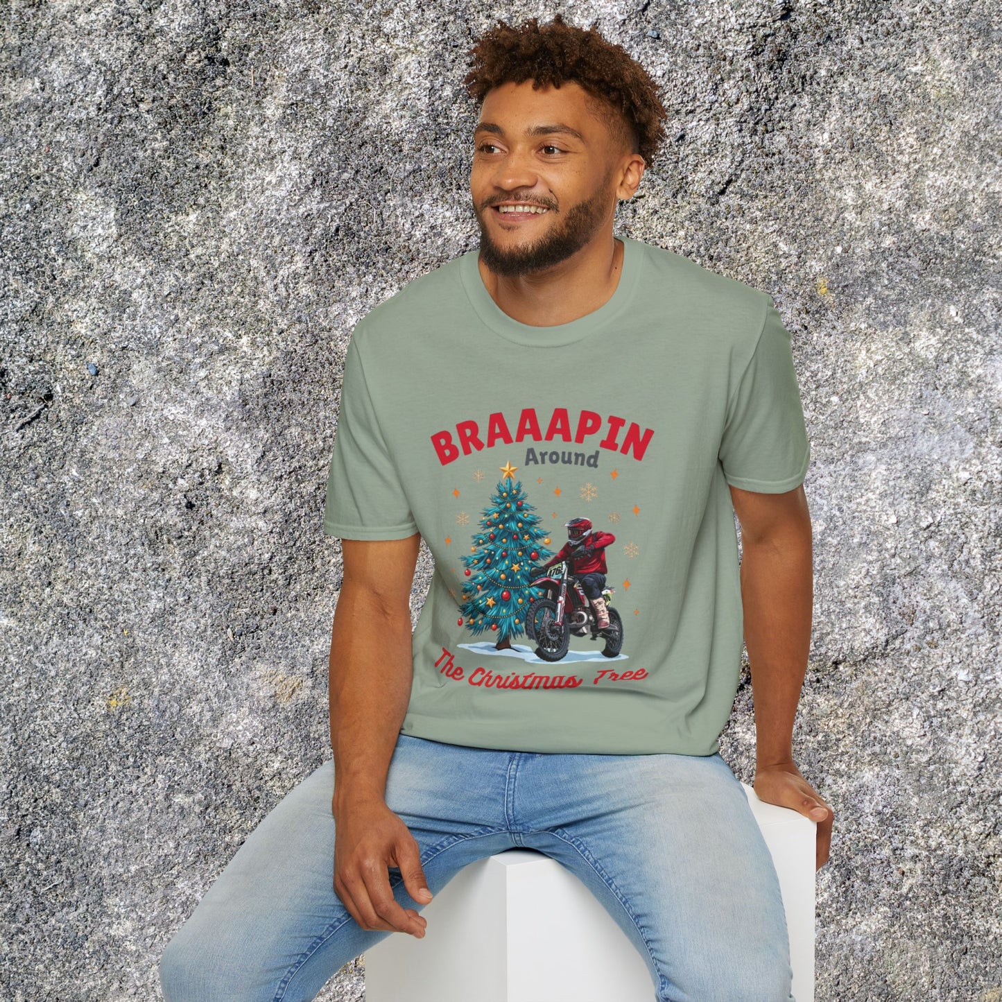 Holiday Bike Softstyle T-Shirt | Braaapin Around The Christmas Tree | Dirt Bike Ugly Sweater