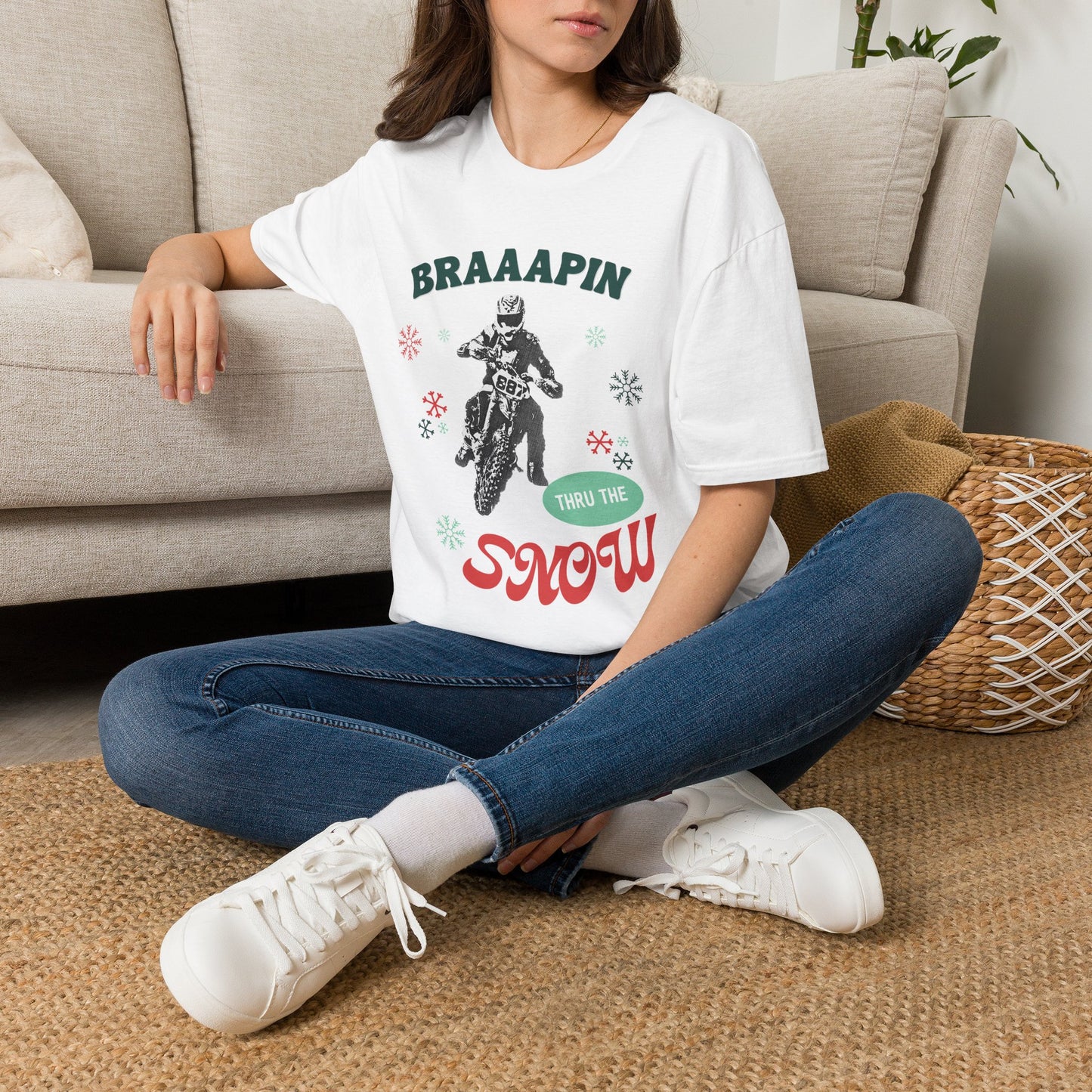 Holiday Motocross Racing Softstyle T-Shirt | Braaapin Through the Snow | Dirt Bike Ugly Sweater