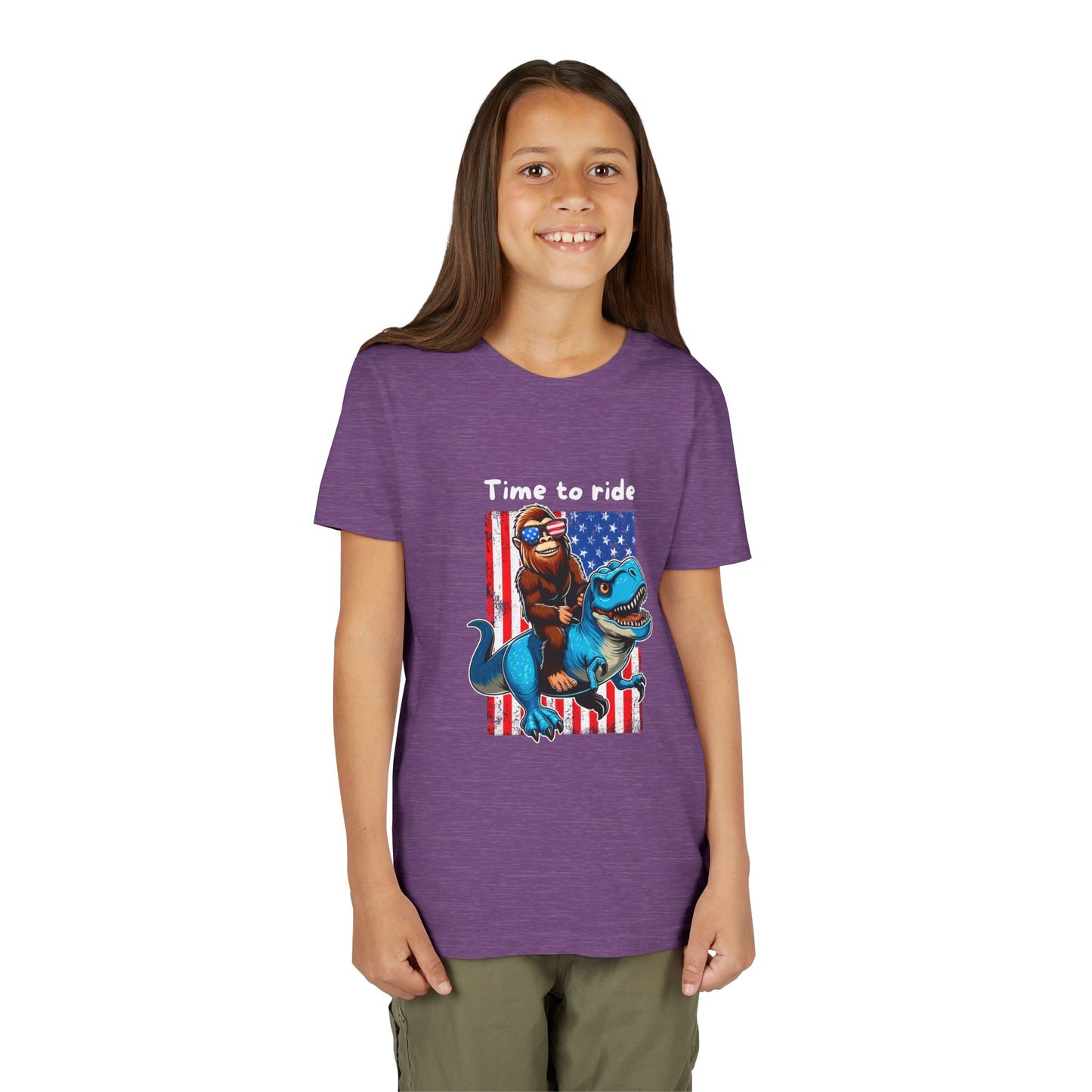Patriotic Bigfoot Dino Youth Tee | Funny Sasquatch Yeti Short Sleeve for Kids