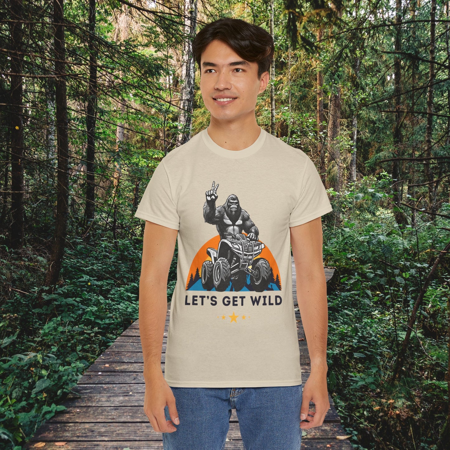 Mens BigFoot Shirt | BigFoot Riding a FourWheeler Shirt | Let's Get Wild BigFoot Shirt | HEAVY Cotton Adult Unisex t shirt | ATV shirt for men | Fourwheeler shirts for boys