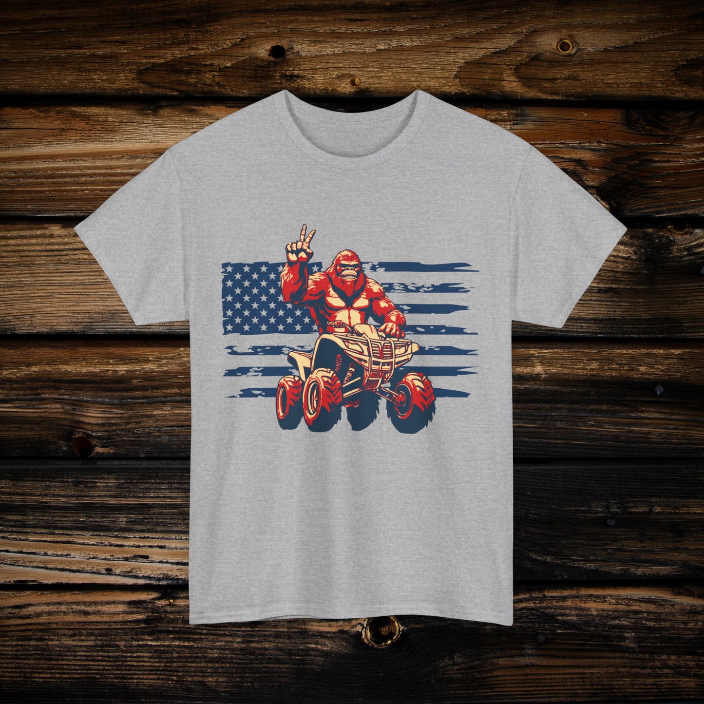 Mens BigFoot Shirt | BigFoot Riding a FourWheeler Shirt | Patriotic Flag & BigFoot Shirt | HEAVY Cotton Adult Unisex t shirt | ATV shirt for men | Fourwheeler shirts for boys