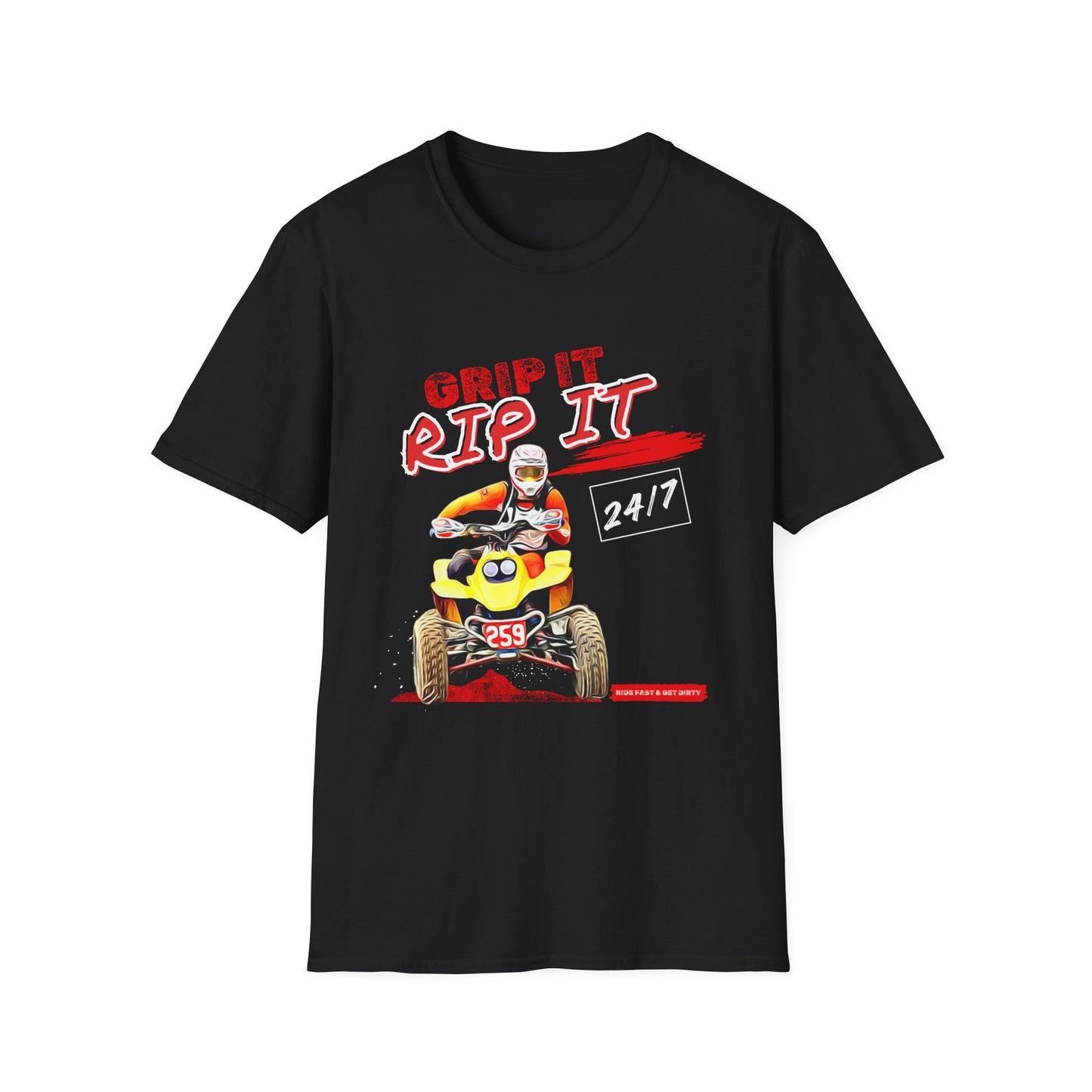 ATV Quad Racer T-Shirt | "Grip It Rip It" Off‑Road Fourwheeler Graphic Tee | Yellow Honda 400 EX