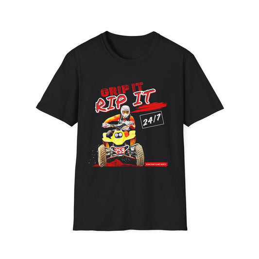 ATV Quad Racer T-Shirt | "Grip It Rip It" Off‑Road Fourwheeler Graphic Tee | Yellow Honda 400 EX