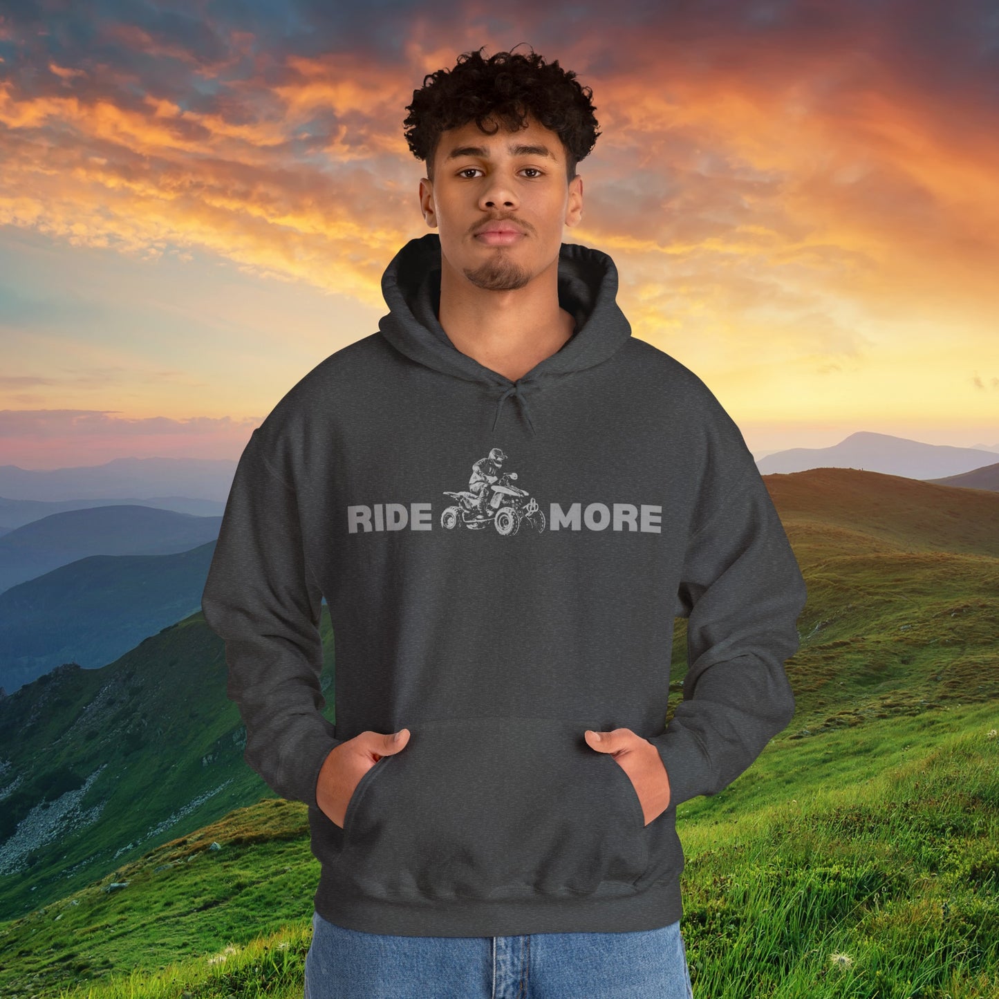 Mens Riding Hoodie | Man on Honda 450 ER atv | Ride More four wheeler sweatshirt | Unisex Heavy Blend™ Hooded Sweatshirt | ATV Hoodie for Men | Four wheeler hoodie for Boys