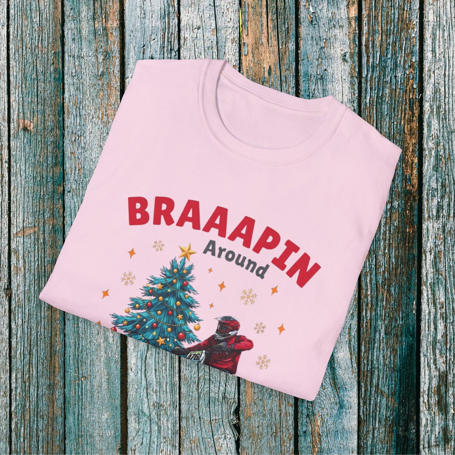 Holiday Bike Softstyle T-Shirt | Braaapin Around The Christmas Tree | Dirt Bike Ugly Sweater