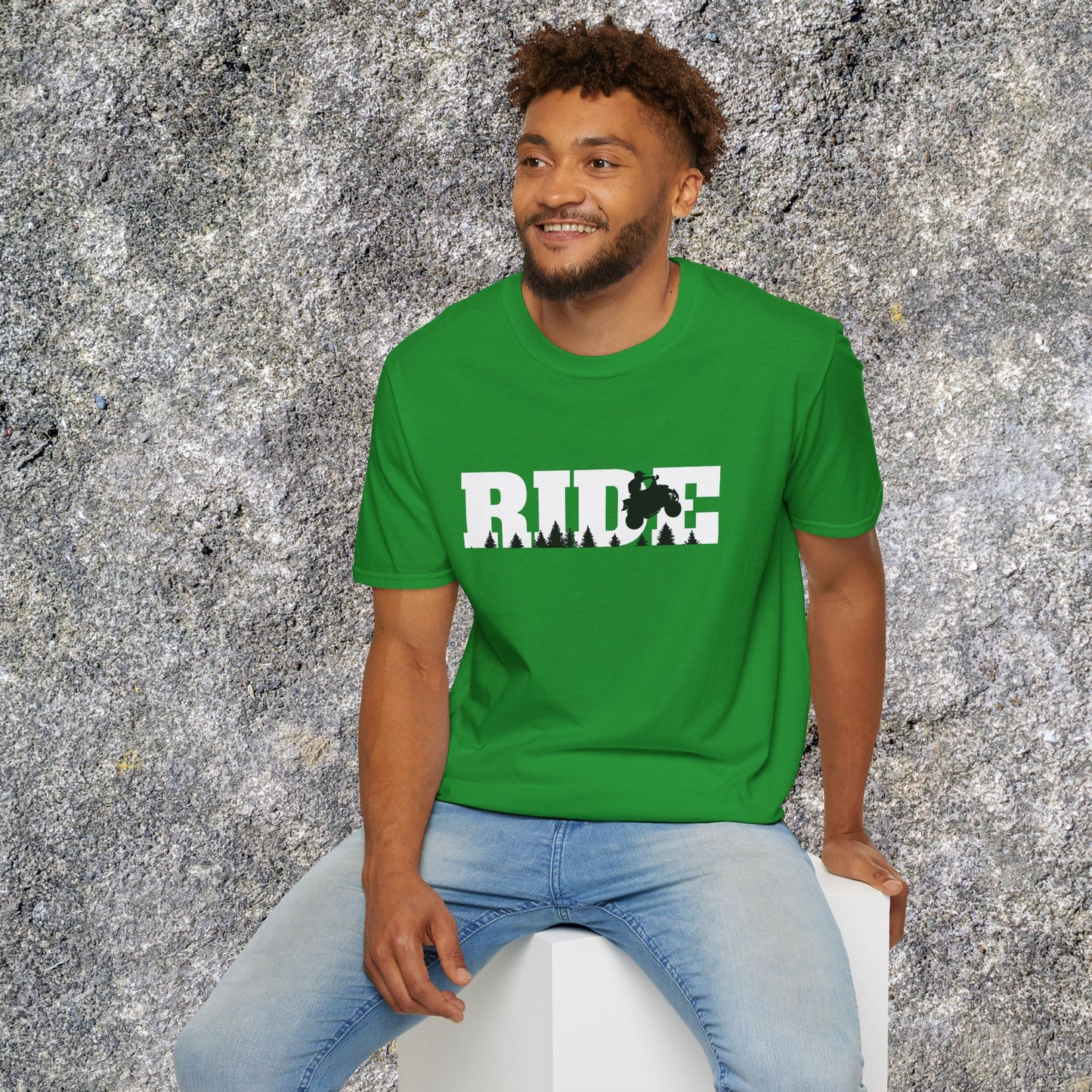 ATV RIDE Big Letters T-Shirt | Man on Honda 400EX Fourwheeler rides through the forest