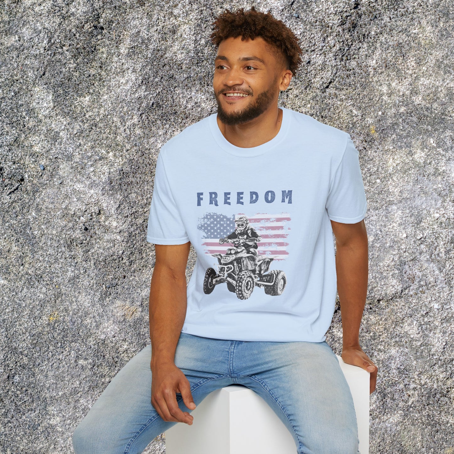 Mens ATV Shirt | Freedom Rider | American flag with man on Honda 400 EX ATV | Patriotic four wheeler riding shirt | SOFT Cotton Adult Unisex tee shirt | Four wheeler shirt for Boys