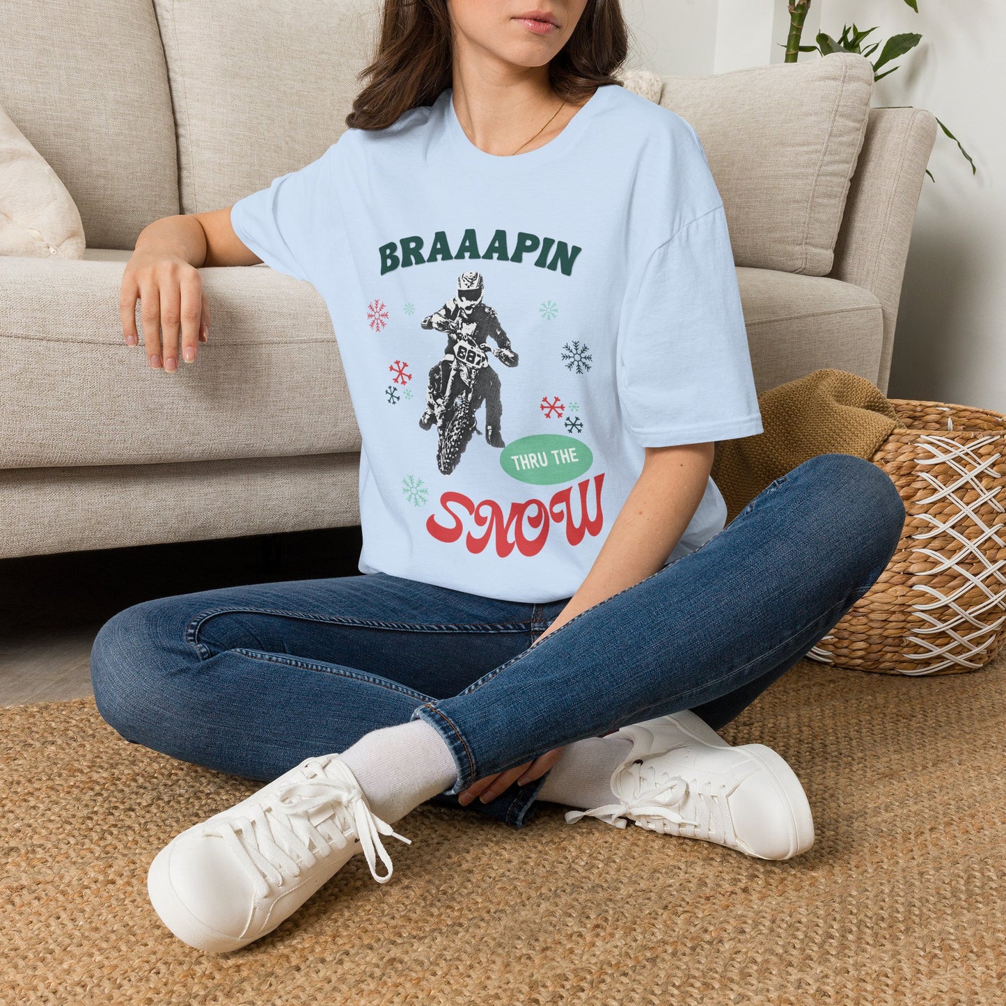 Holiday Motocross Racing Softstyle T-Shirt | Braaapin Through the Snow | Dirt Bike Ugly Sweater