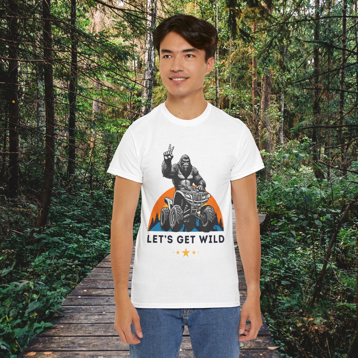 Mens BigFoot Shirt | BigFoot Riding a FourWheeler Shirt | Let's Get Wild BigFoot Shirt | HEAVY Cotton Adult Unisex t shirt | ATV shirt for men | Fourwheeler shirts for boys