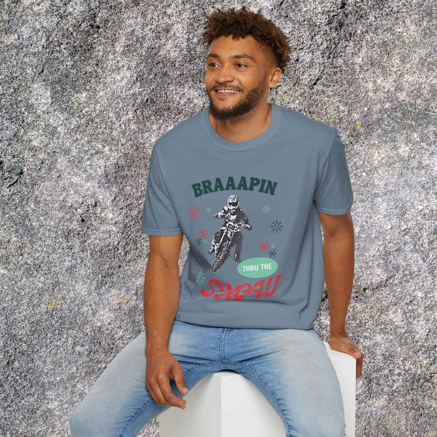 Holiday Motocross Racing Softstyle T-Shirt | Braaapin Through the Snow | Dirt Bike Ugly Sweater
