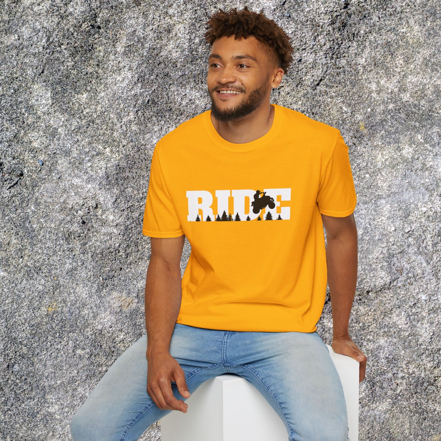 ATV RIDE Big Letters T-Shirt | Man on Honda 400EX Fourwheeler rides through the forest