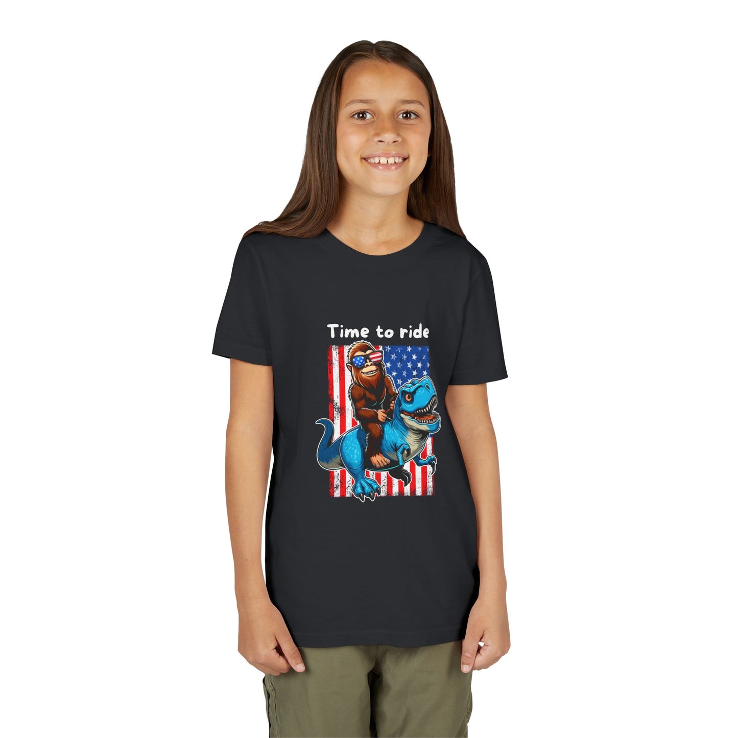 Patriotic Bigfoot Dino Youth Tee | Funny Sasquatch Yeti Short Sleeve for Kids
