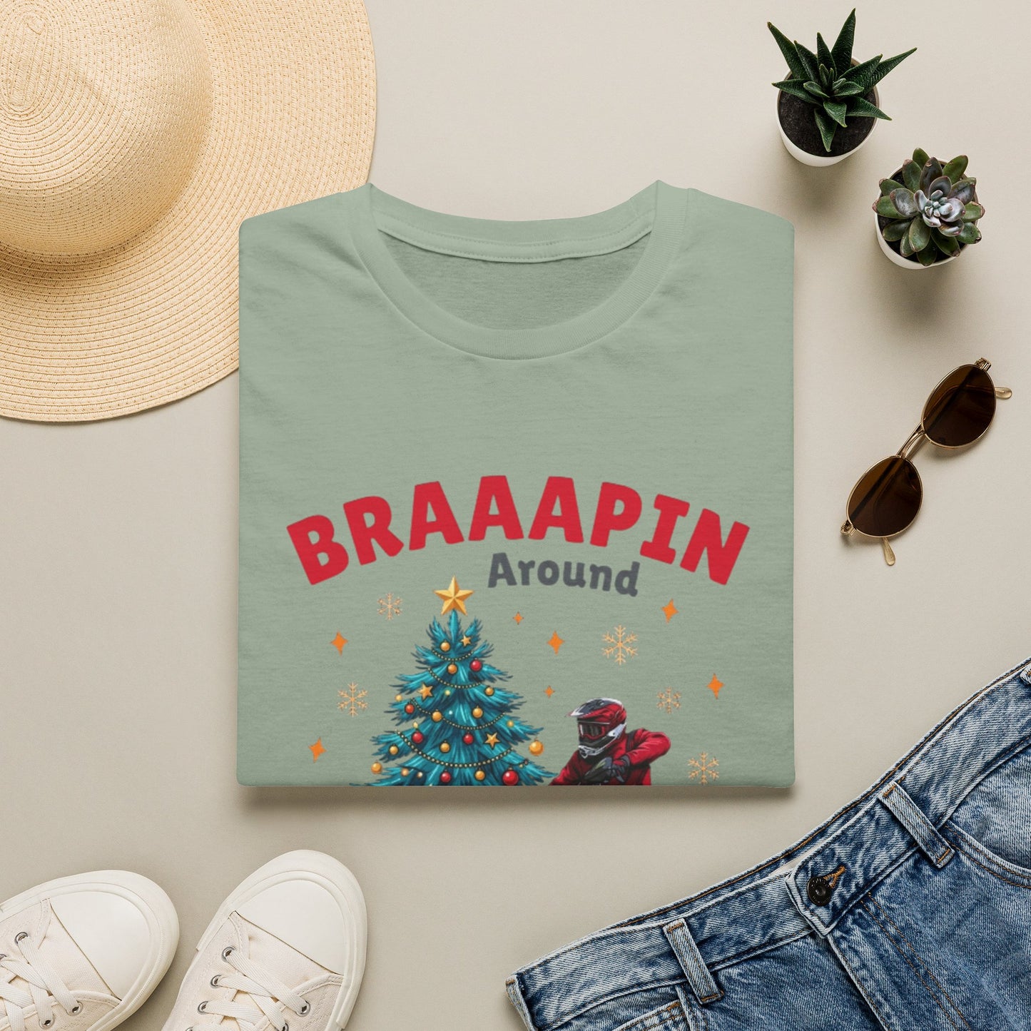Holiday Bike Softstyle T-Shirt | Braaapin Around The Christmas Tree | Dirt Bike Ugly Sweater