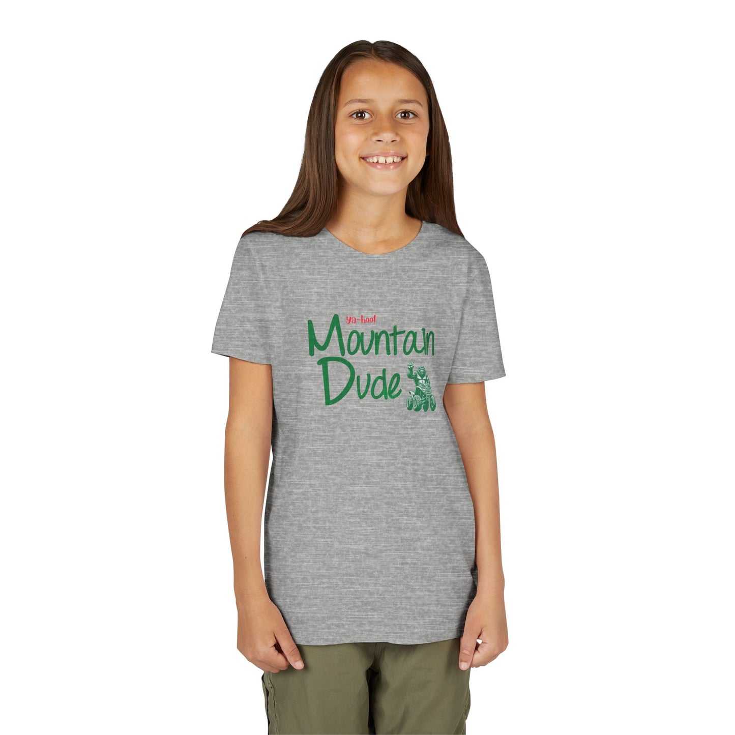 Youth Bigfoot Mountain Dude Tee | Funny Sasquatch/Yeti Short Sleeve Shirt for Kids | Old Mountain Dew Design