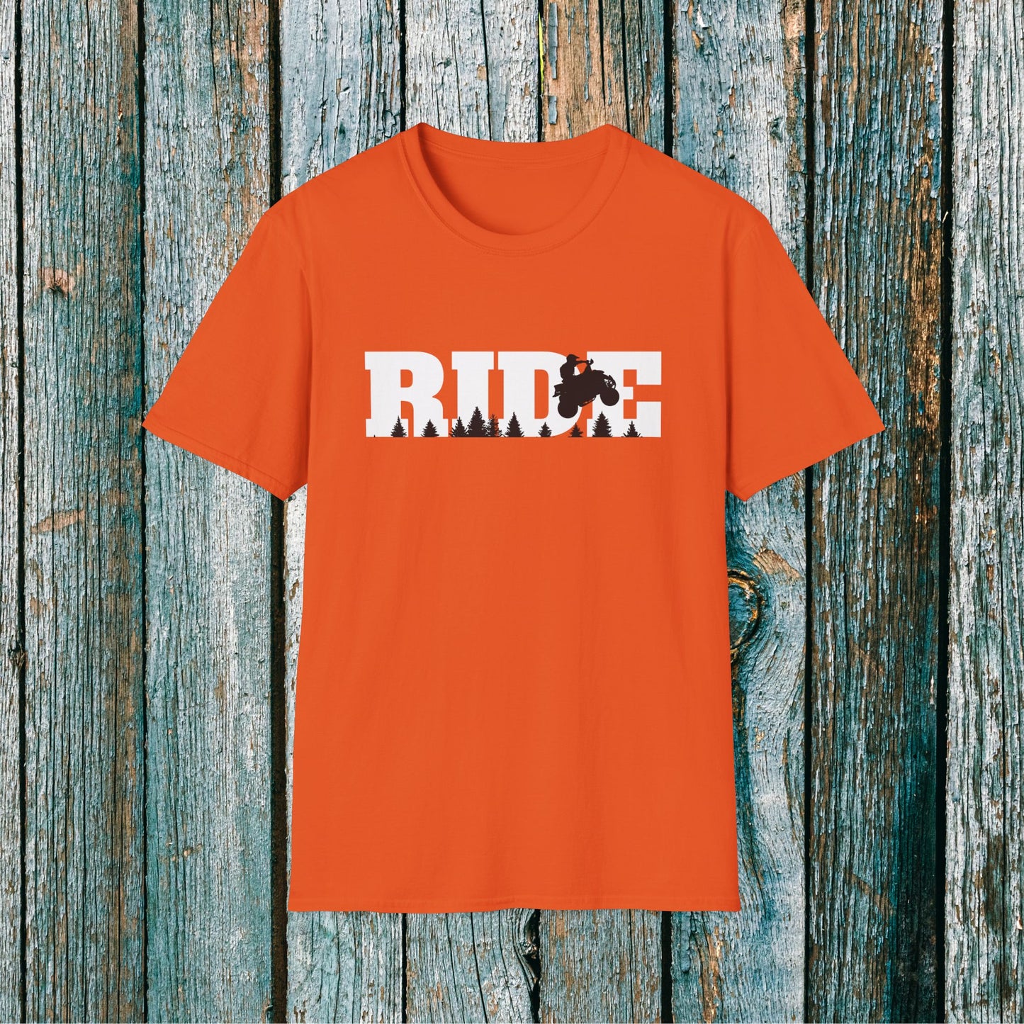 ATV RIDE Big Letters T-Shirt | Man on Honda 400EX Fourwheeler rides through the forest