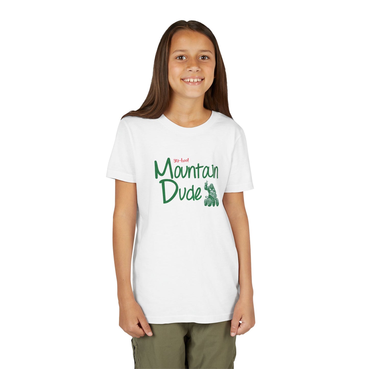 Youth Bigfoot Mountain Dude Tee | Funny Sasquatch/Yeti Short Sleeve Shirt for Kids | Old Mountain Dew Design