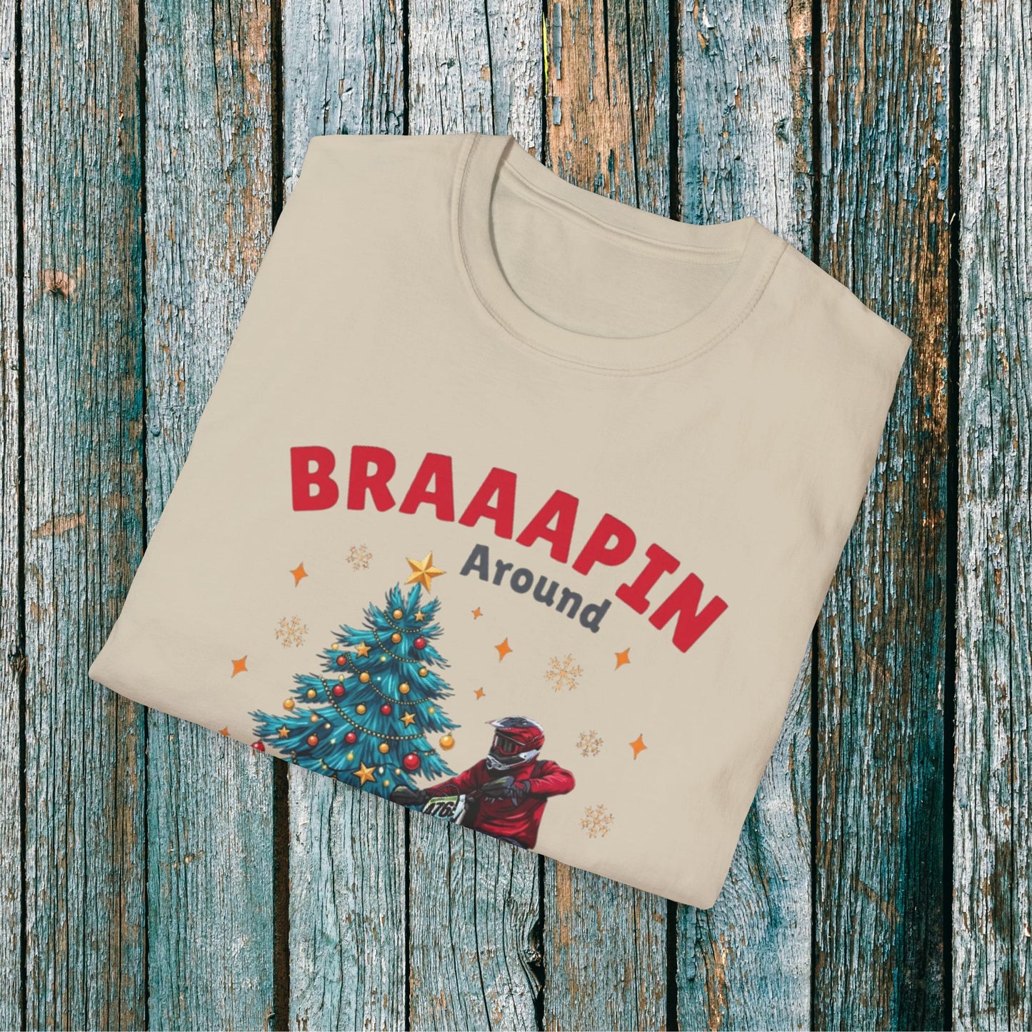 Holiday Bike Softstyle T-Shirt | Braaapin Around The Christmas Tree | Dirt Bike Ugly Sweater