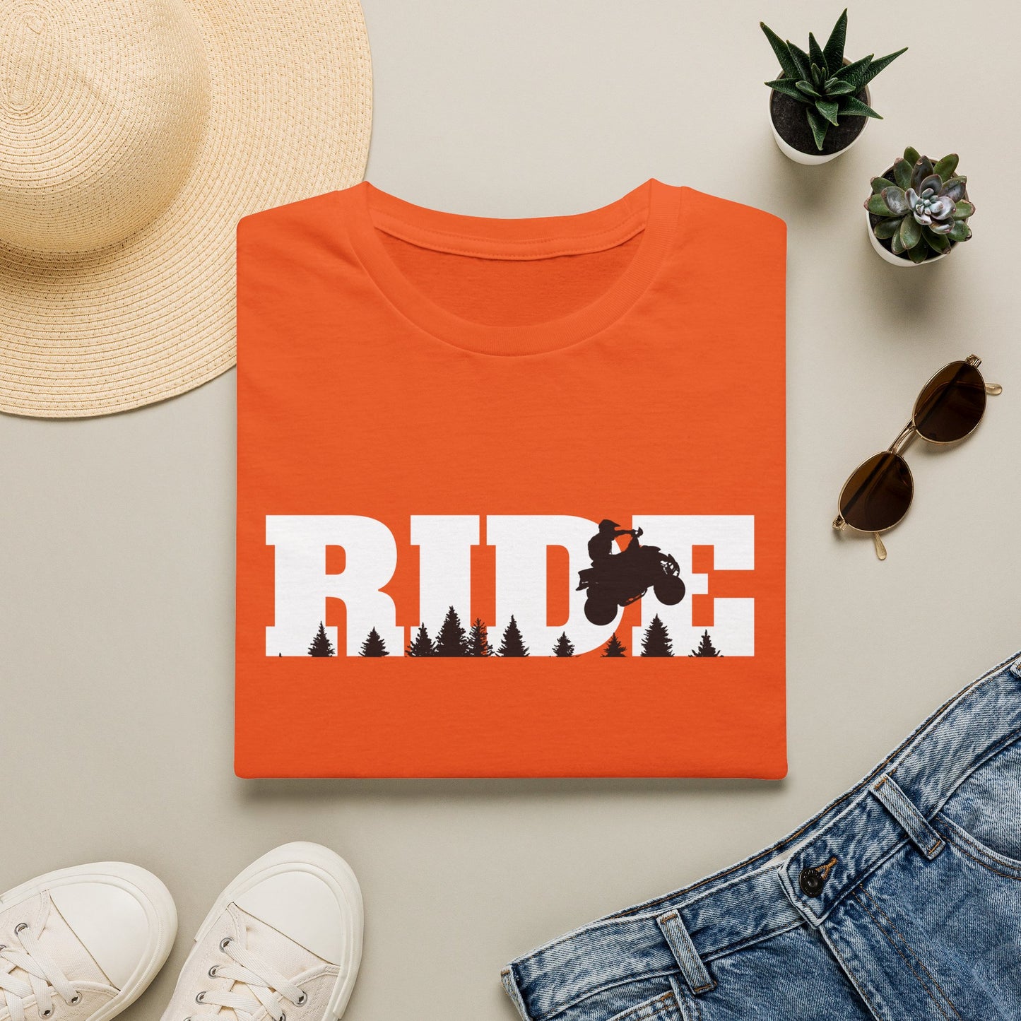ATV RIDE Big Letters T-Shirt | Man on Honda 400EX Fourwheeler rides through the forest