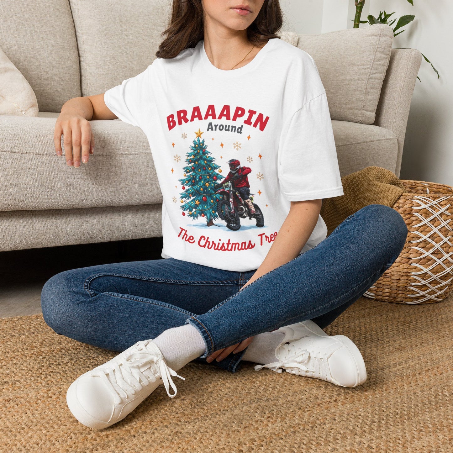 Holiday Bike Softstyle T-Shirt | Braaapin Around The Christmas Tree | Dirt Bike Ugly Sweater