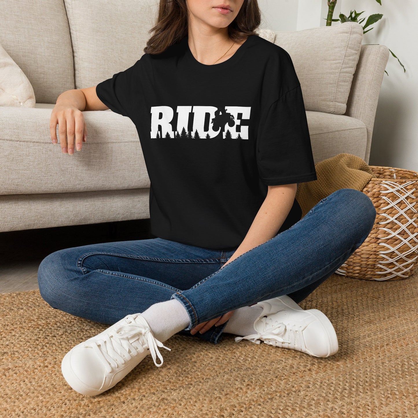 ATV RIDE Big Letters T-Shirt | Man on Honda 400EX Fourwheeler rides through the forest